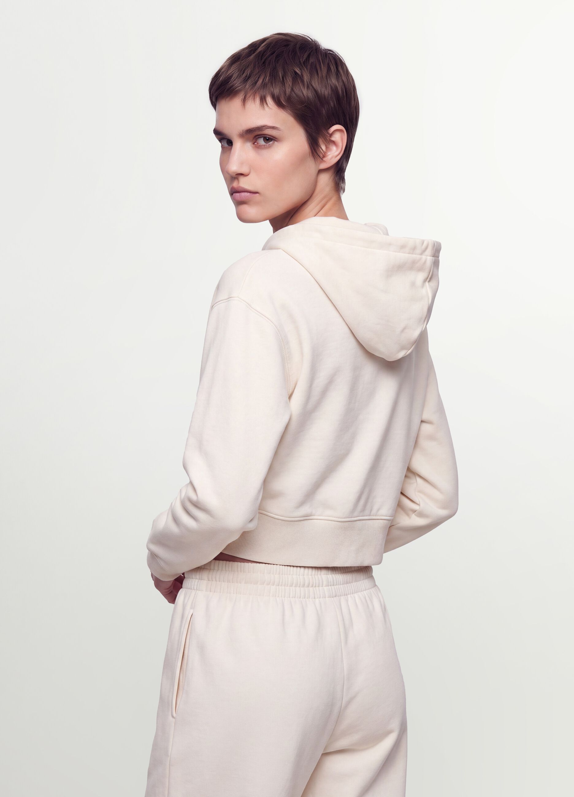 White fitted cotton-blend full-zip hoodie