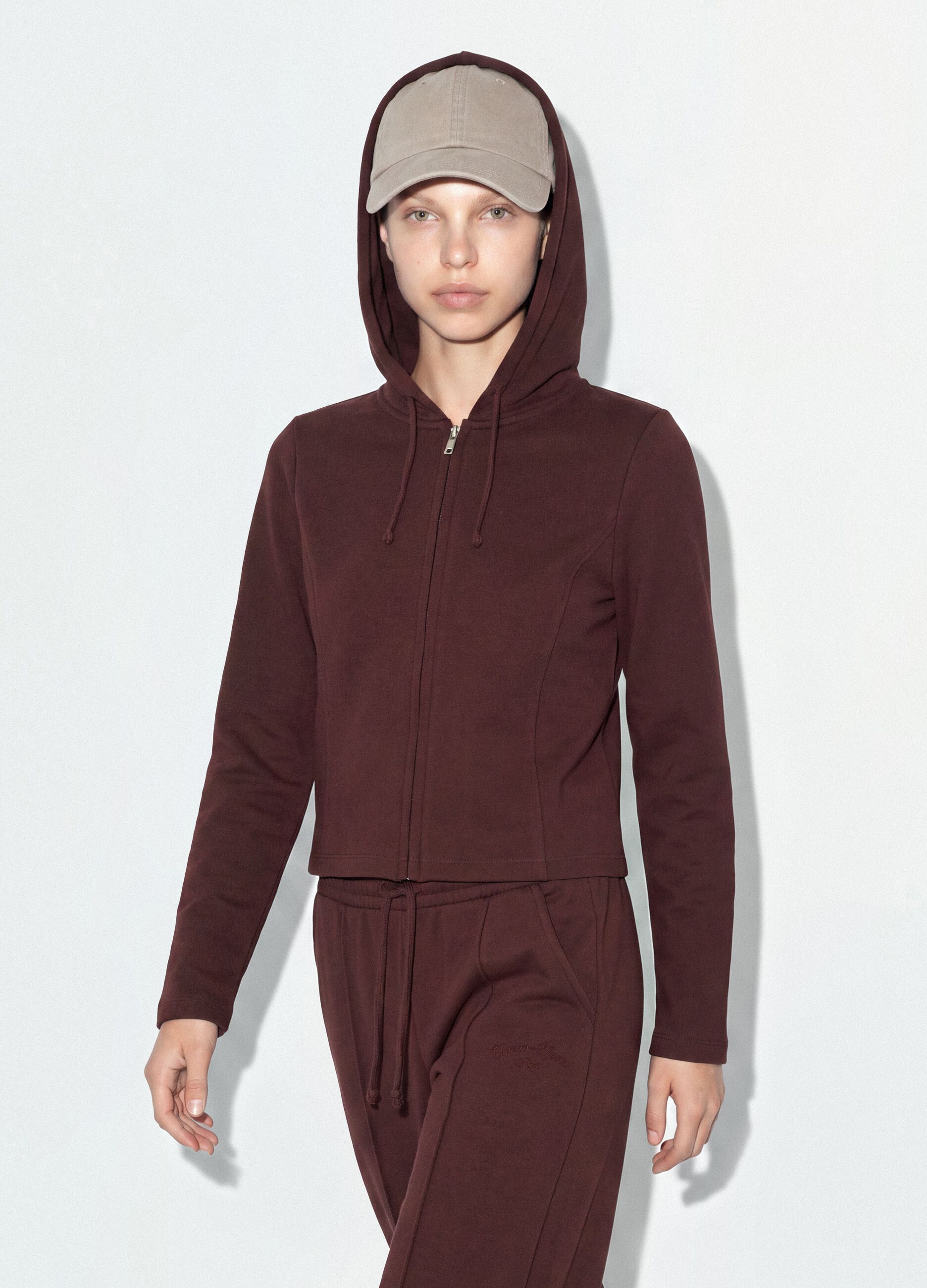 Brown full-zip pure cotton fitted hoodie