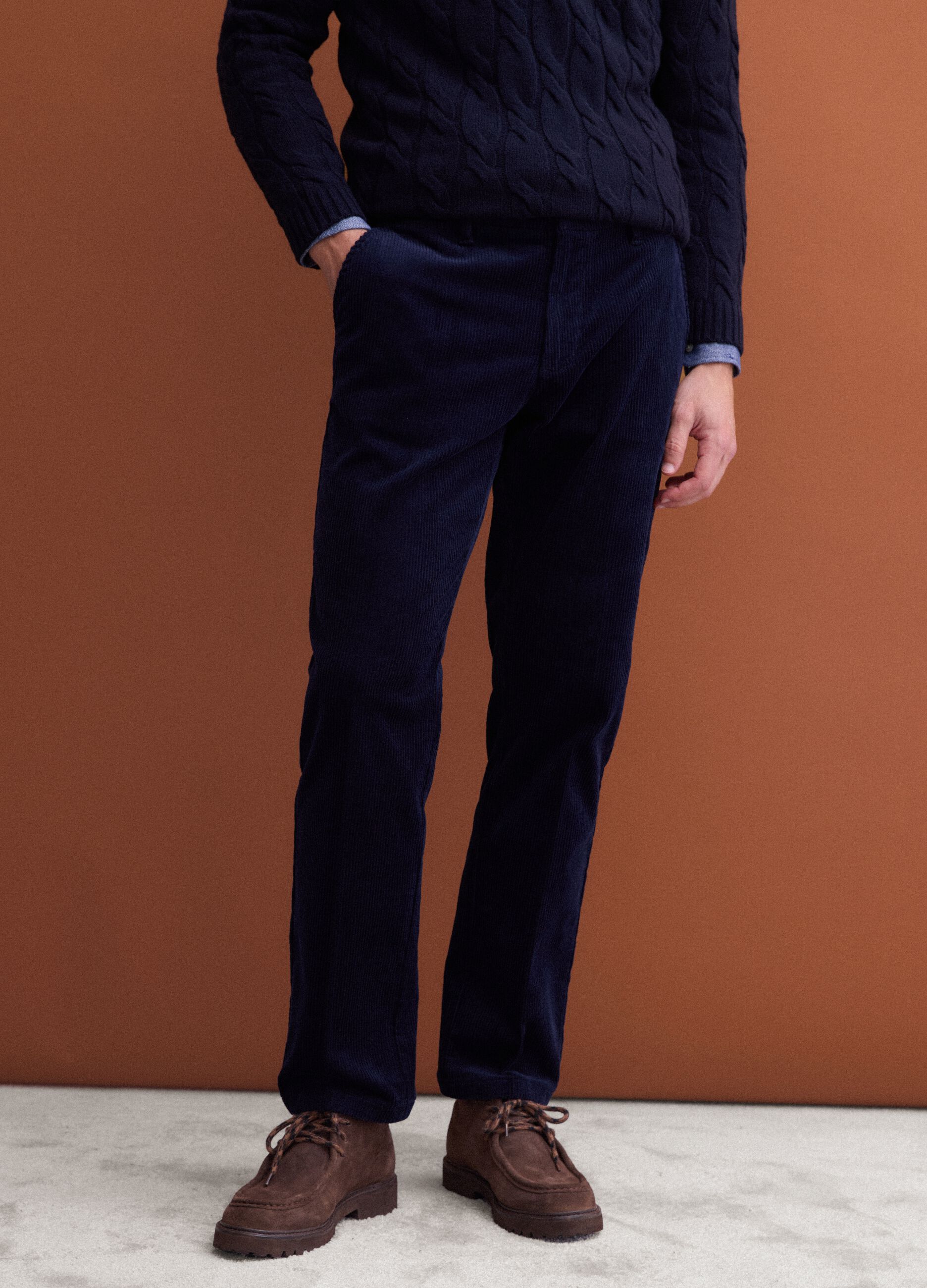 Navy stretch cotton corduroy regular-fit chino trousers
