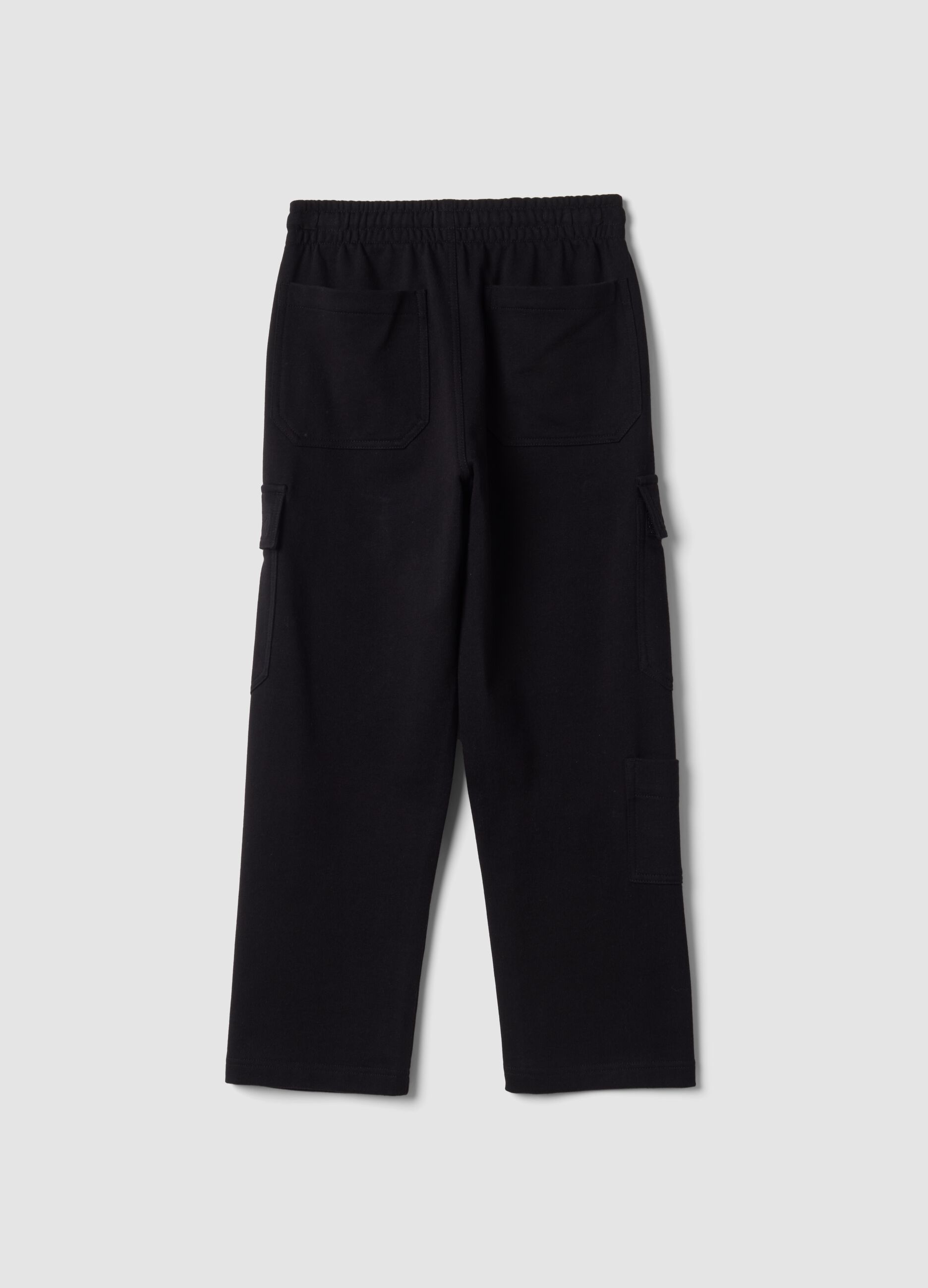 Black pure cotton cargo trousers with elasticated waist, oversized fit