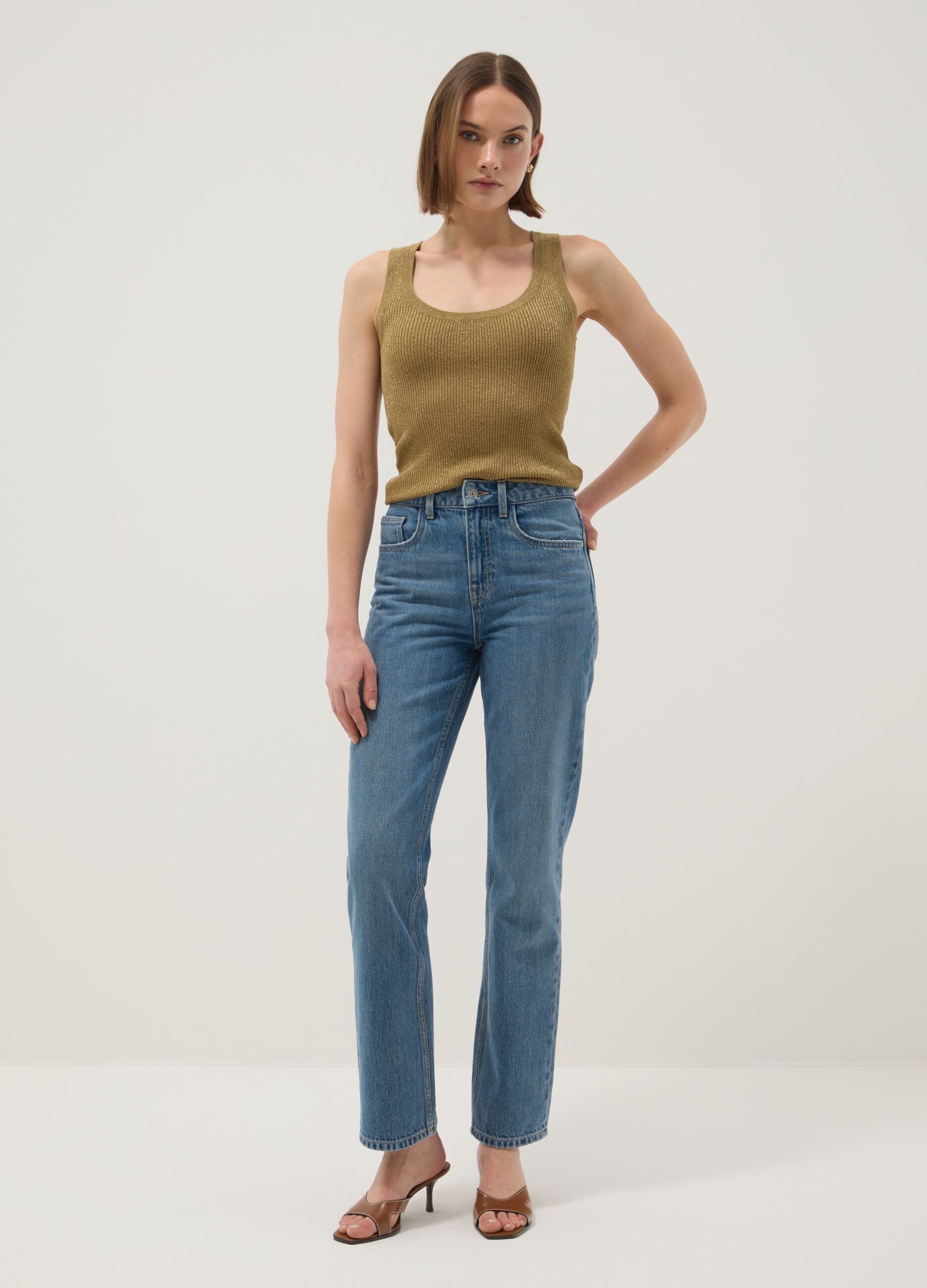 Brown viscose blend fitted tank top