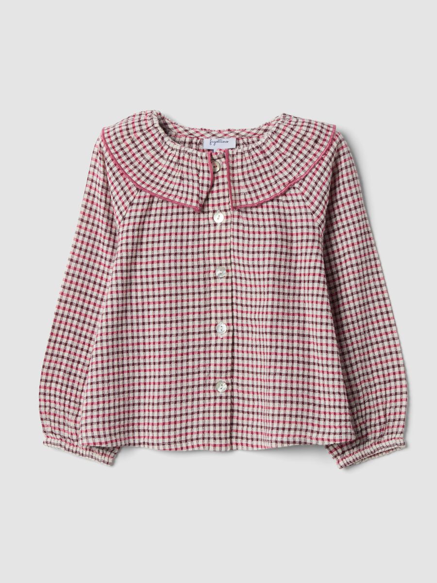 Ecru, burgundy red and deep pink viscose and cotton blend shirt_0