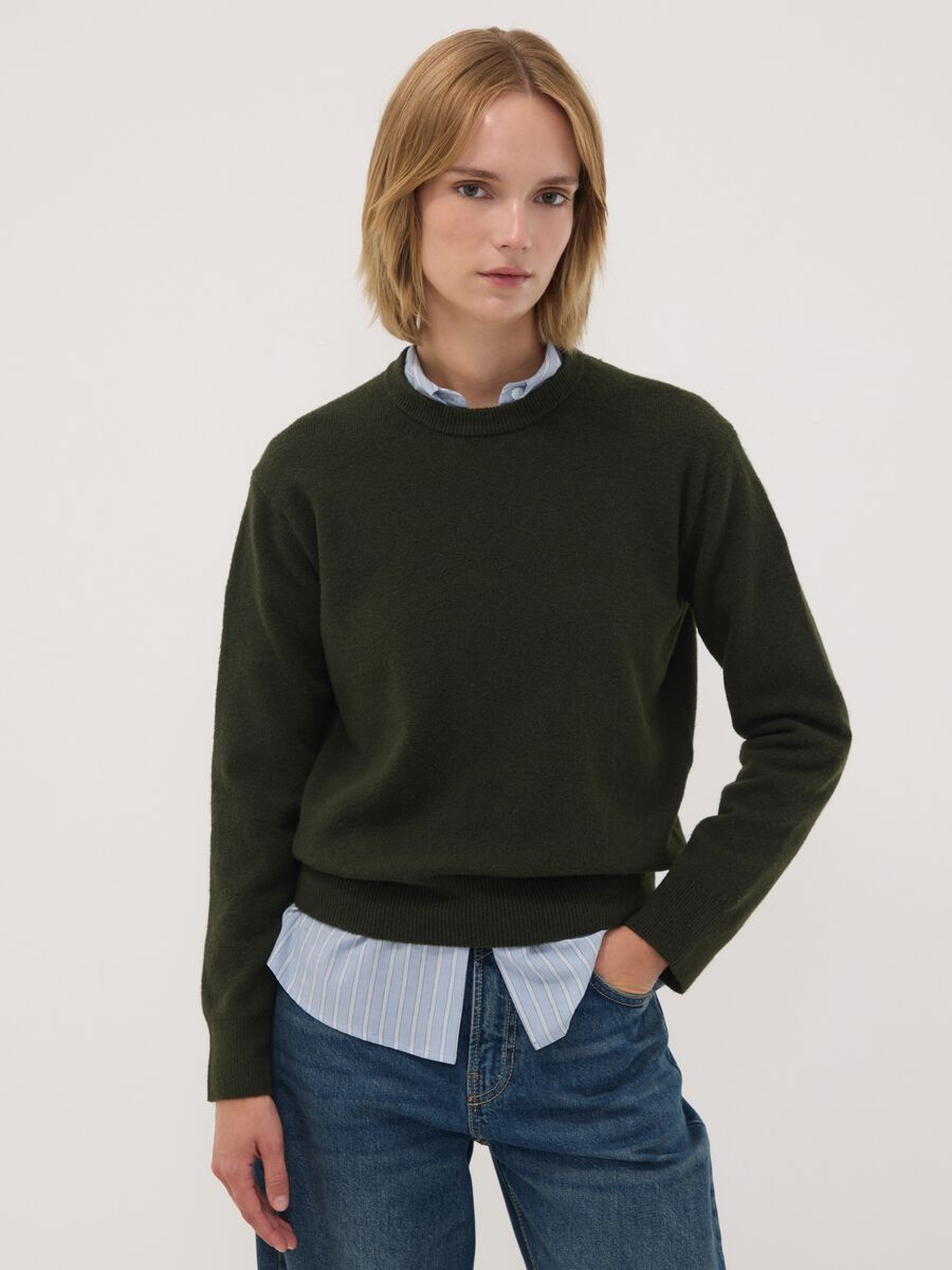 Maglia verde in lana elasticizzata a girocollo_0