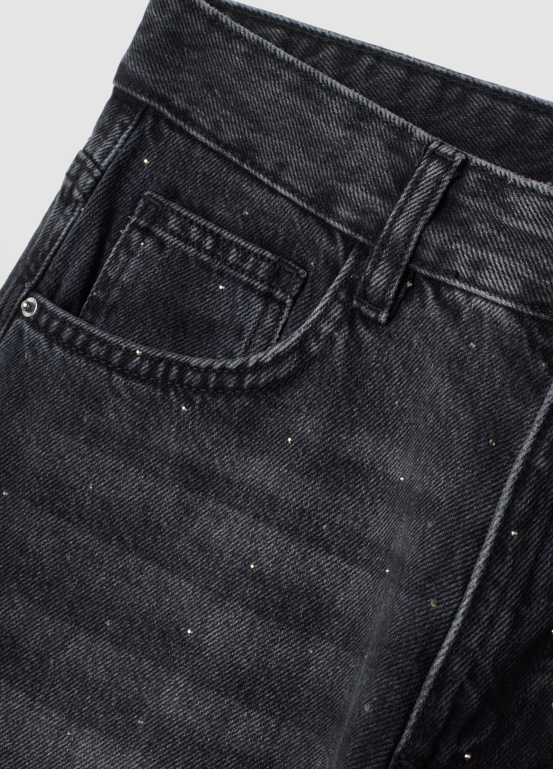 Black pure-cotton skater-fit jeans with rhinestones