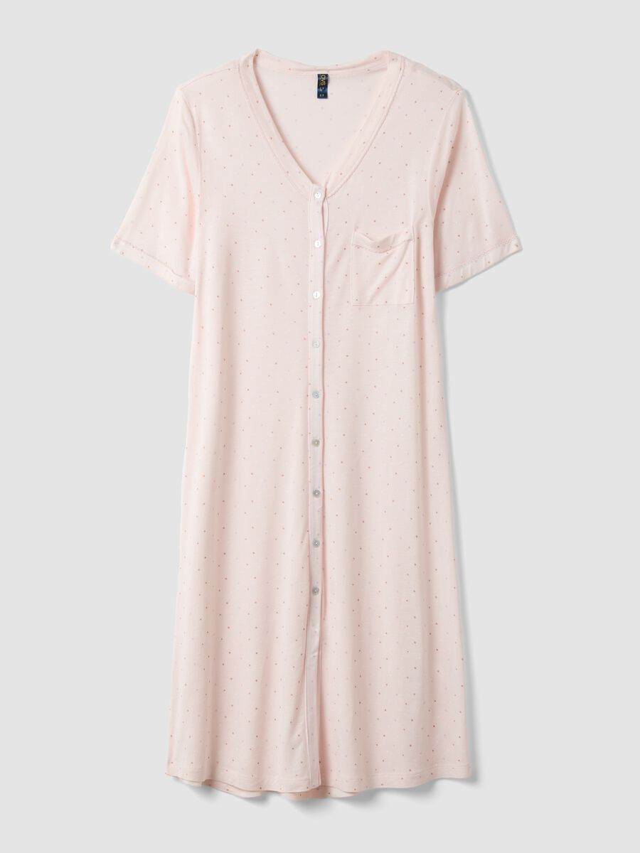 Pink polka-dot pure viscose nightshirt with V-neck_4