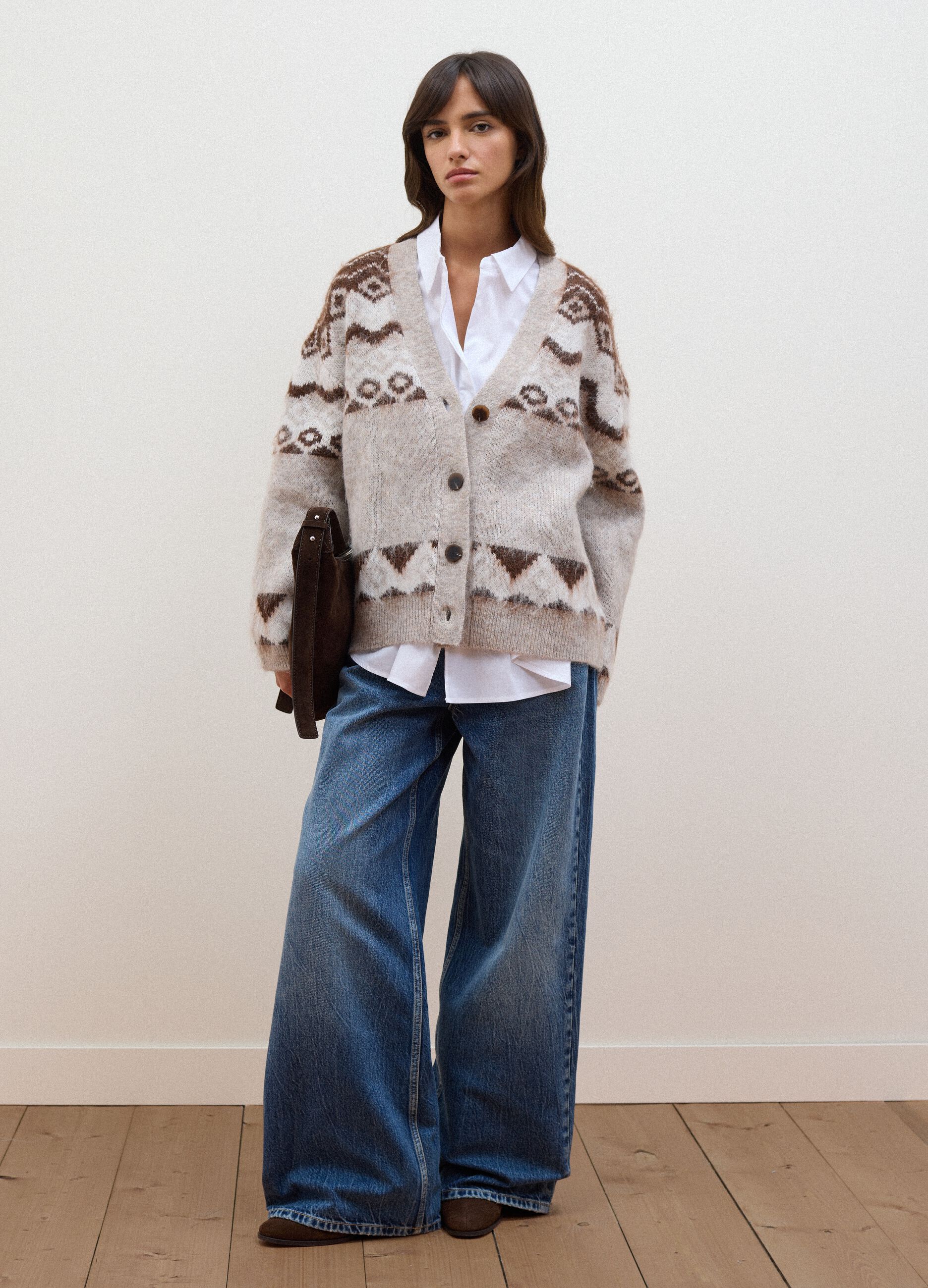 Beige wool and alpaca-blend cardigan with deep V-neck, oversized fit