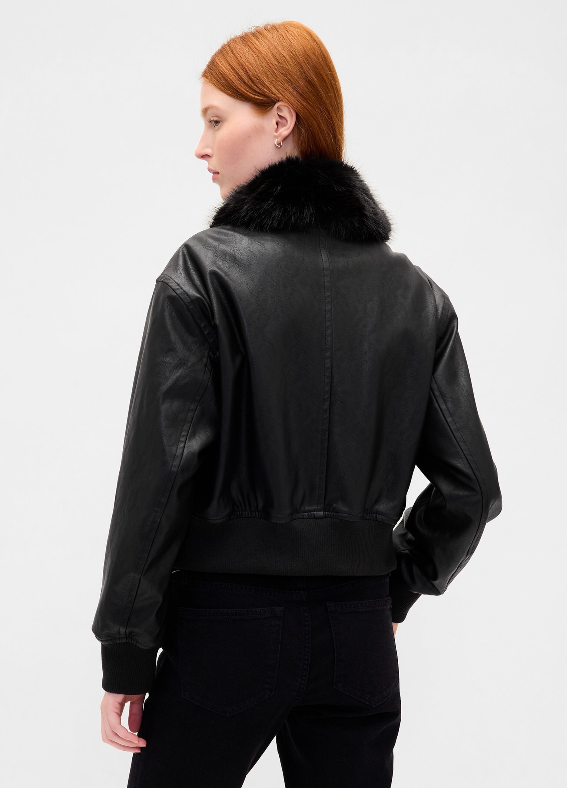 Black bomber jacket with faux fur collar