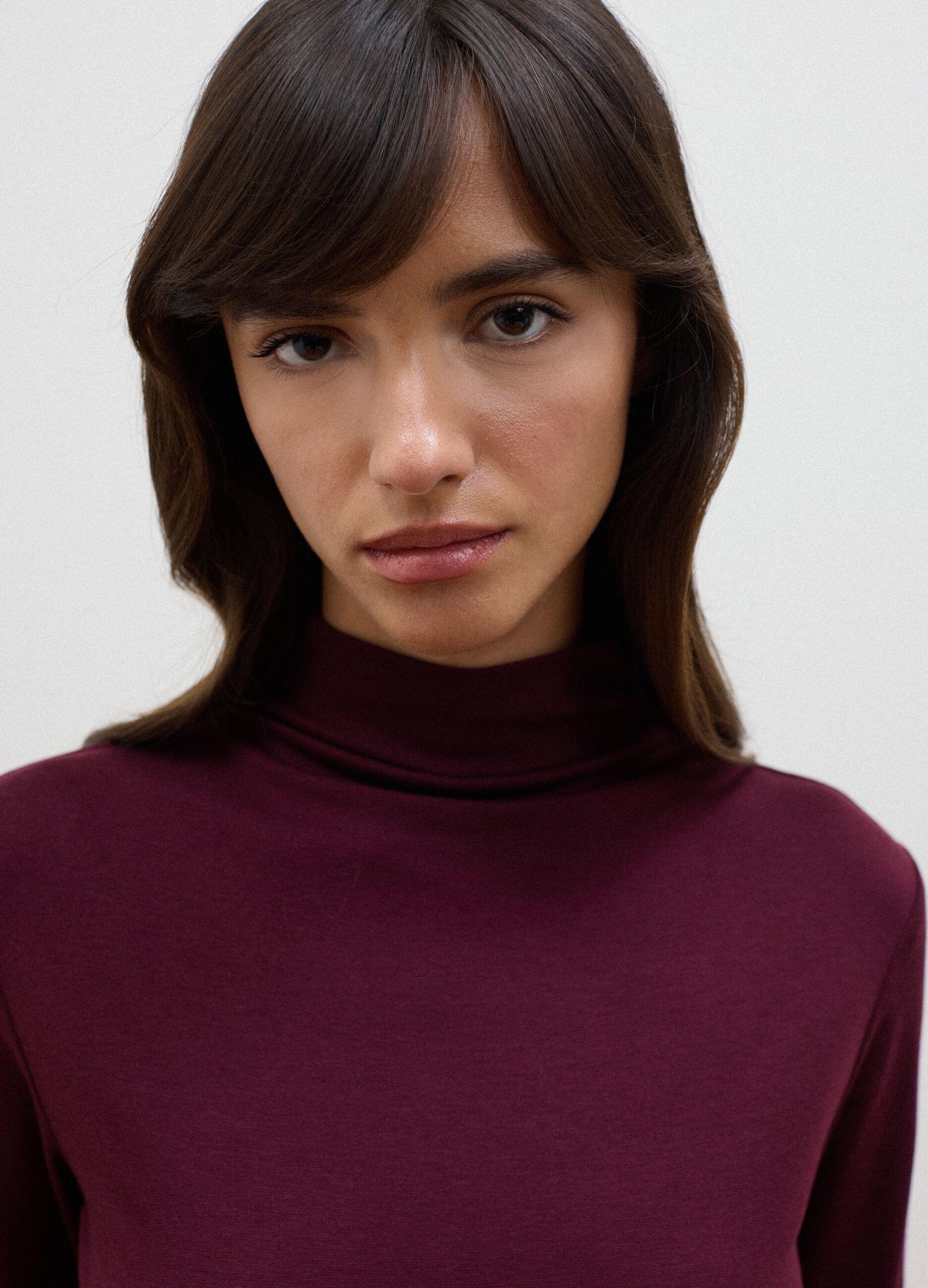 Purple lyocell and stretch wool mock-neck T-shirt, regular fit