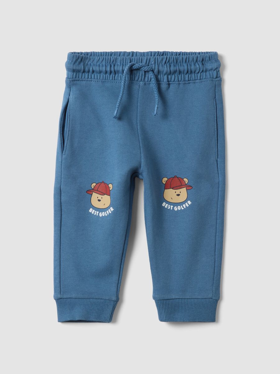 Blue pure cotton jogger trousers with teddy bear print_0