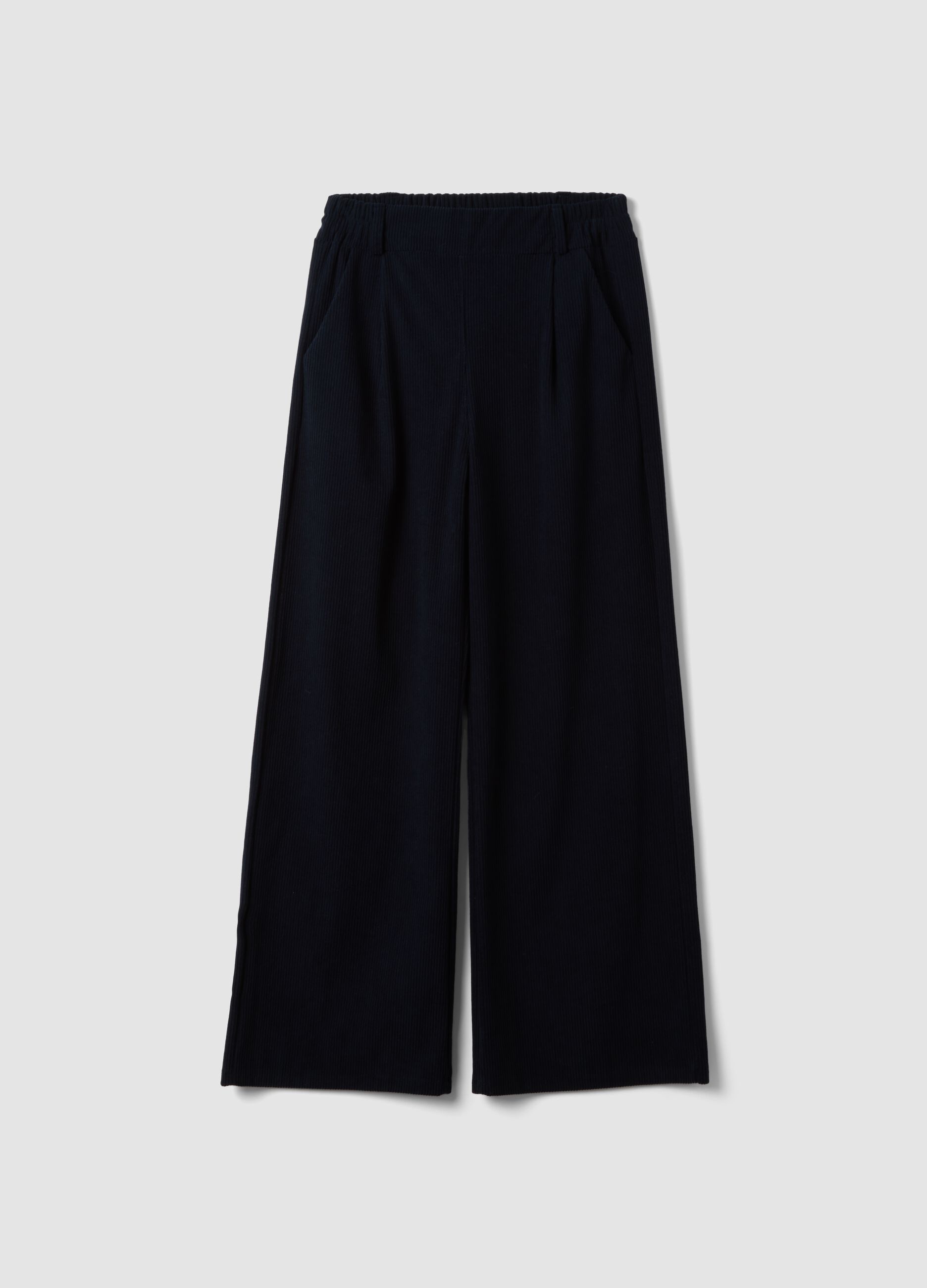 Navy blue wide-leg ribbed trousers, regular fit