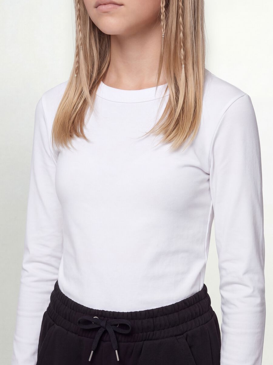 White organic cotton and stretch viscose T-shirt with ribbed neckline for girls_2