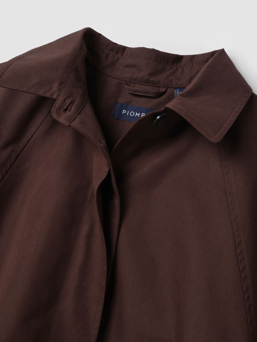 Short brown cotton-blend trench coat with shirt collar_1