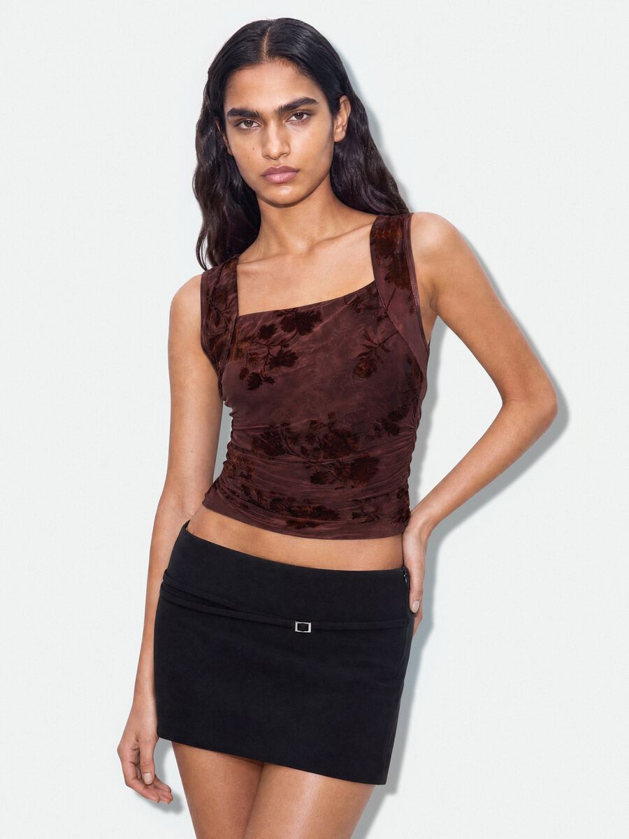 Red fitted stretch-fabric top with floral print_0