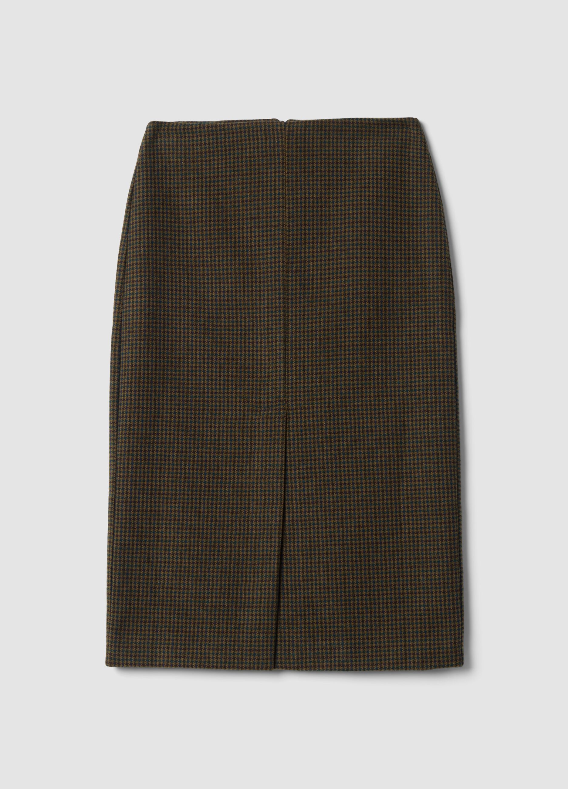 Brown and petrol blue wool-blend houndstooth skirt