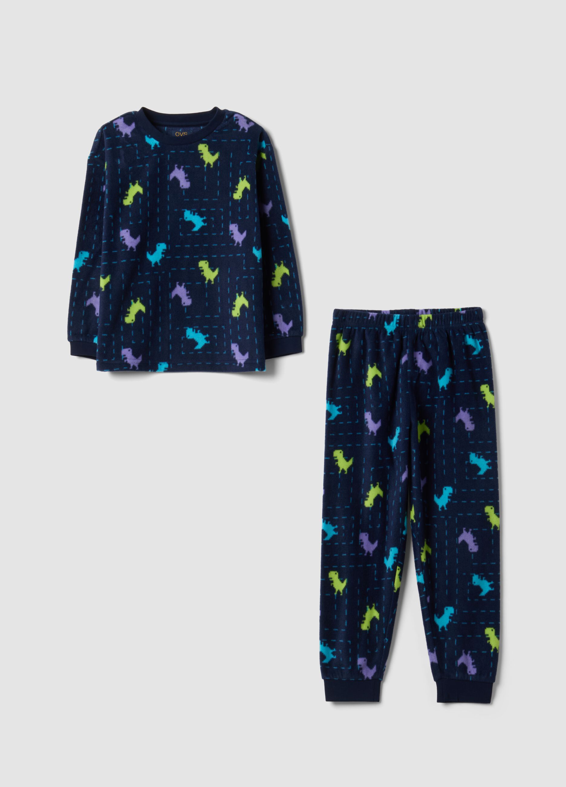 Blue regular-fit fleece pyjamas with crew neck and dinosaur print