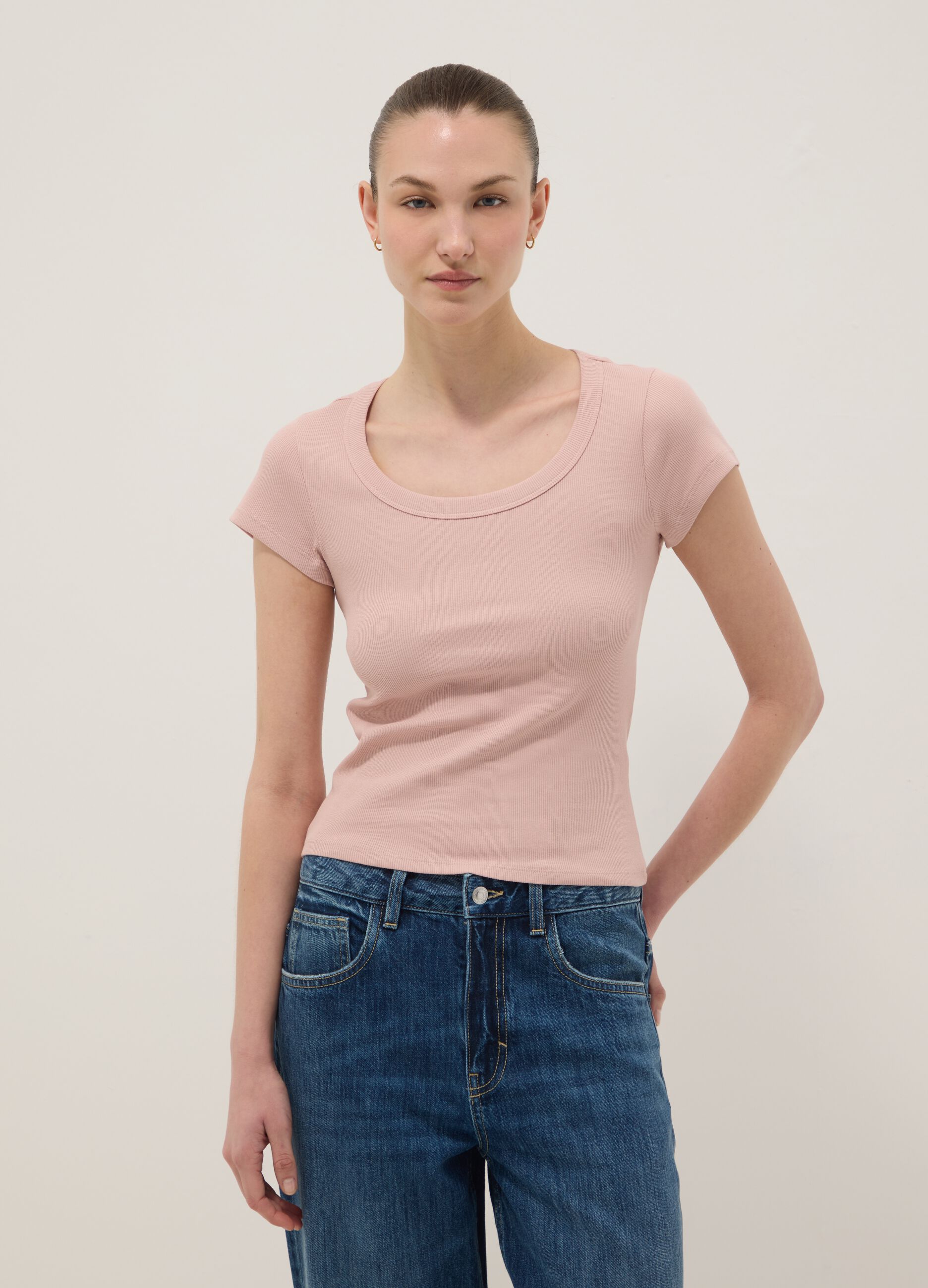 Fitted short-sleeve stretch cotton pink t-shirt