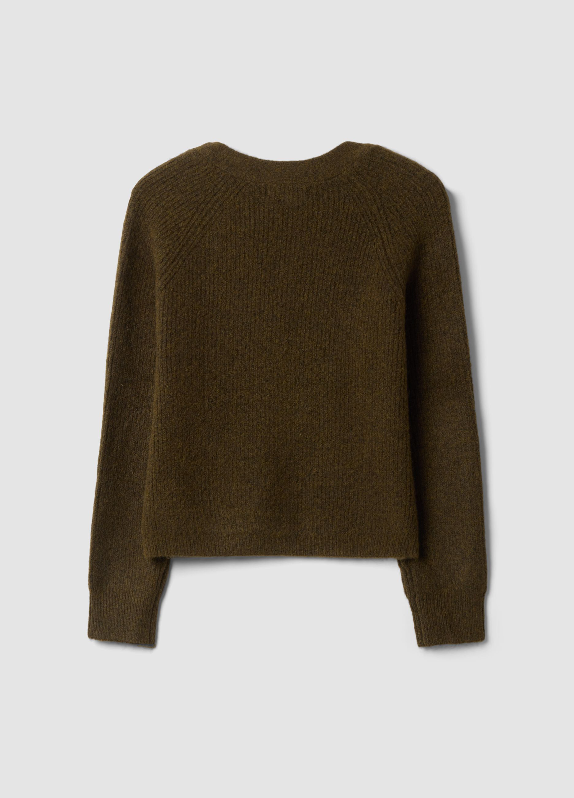 Green stretch wool cardigan with deep V-neck, oversized fit
