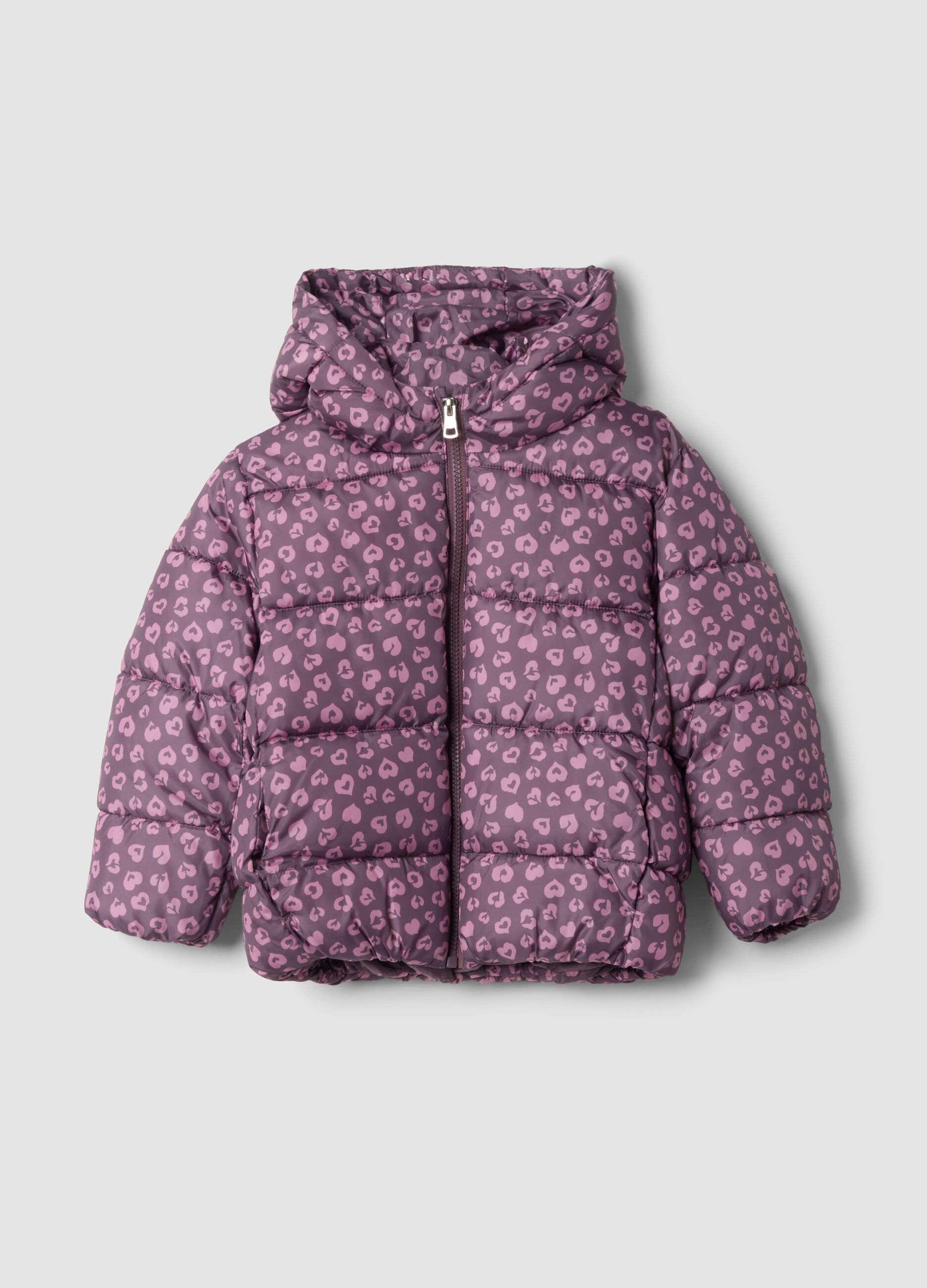 Multicolour hooded padded jacket with heart print, regular fit