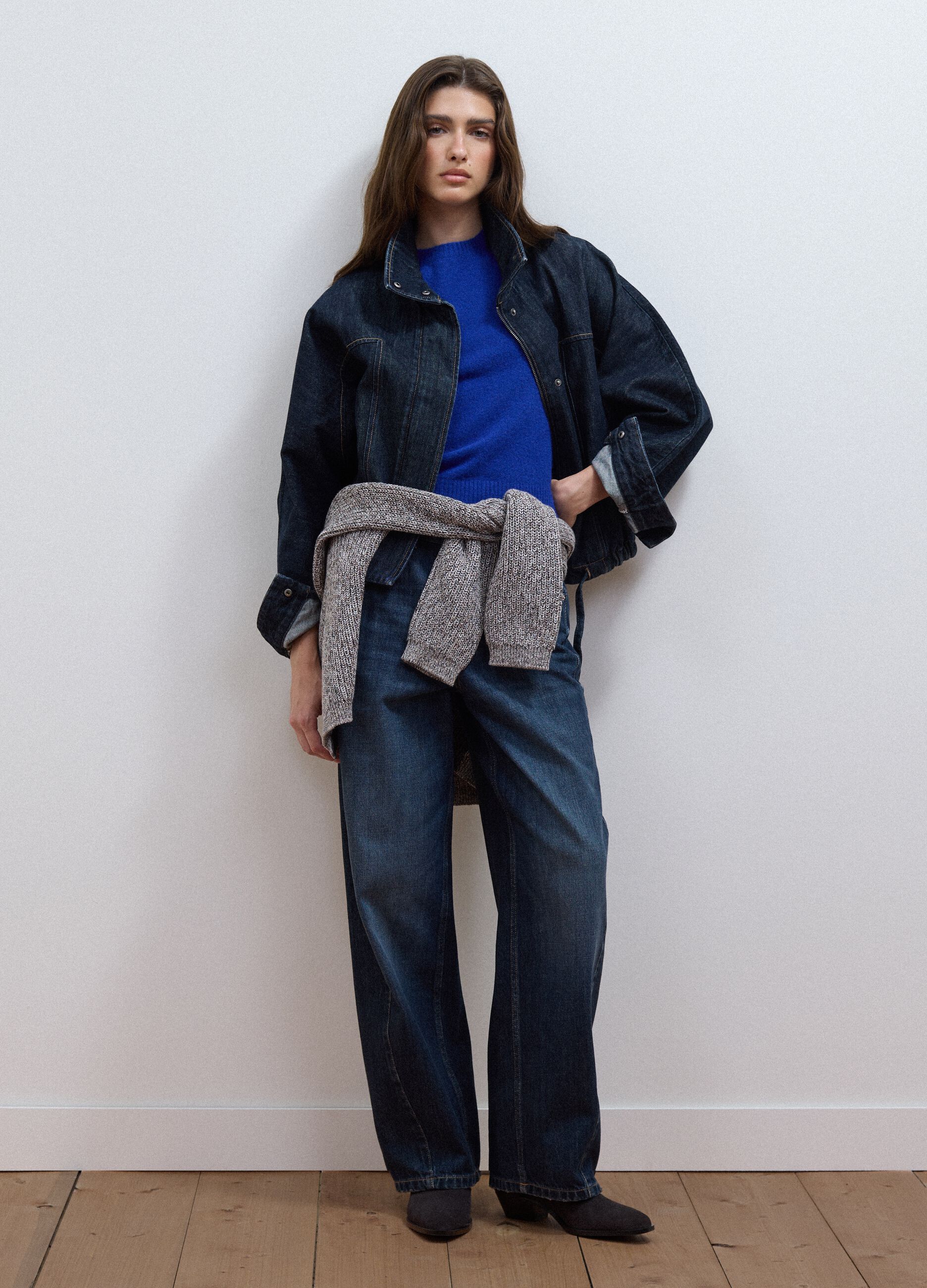 Blue pure cotton denim jacket with zip, oversized fit