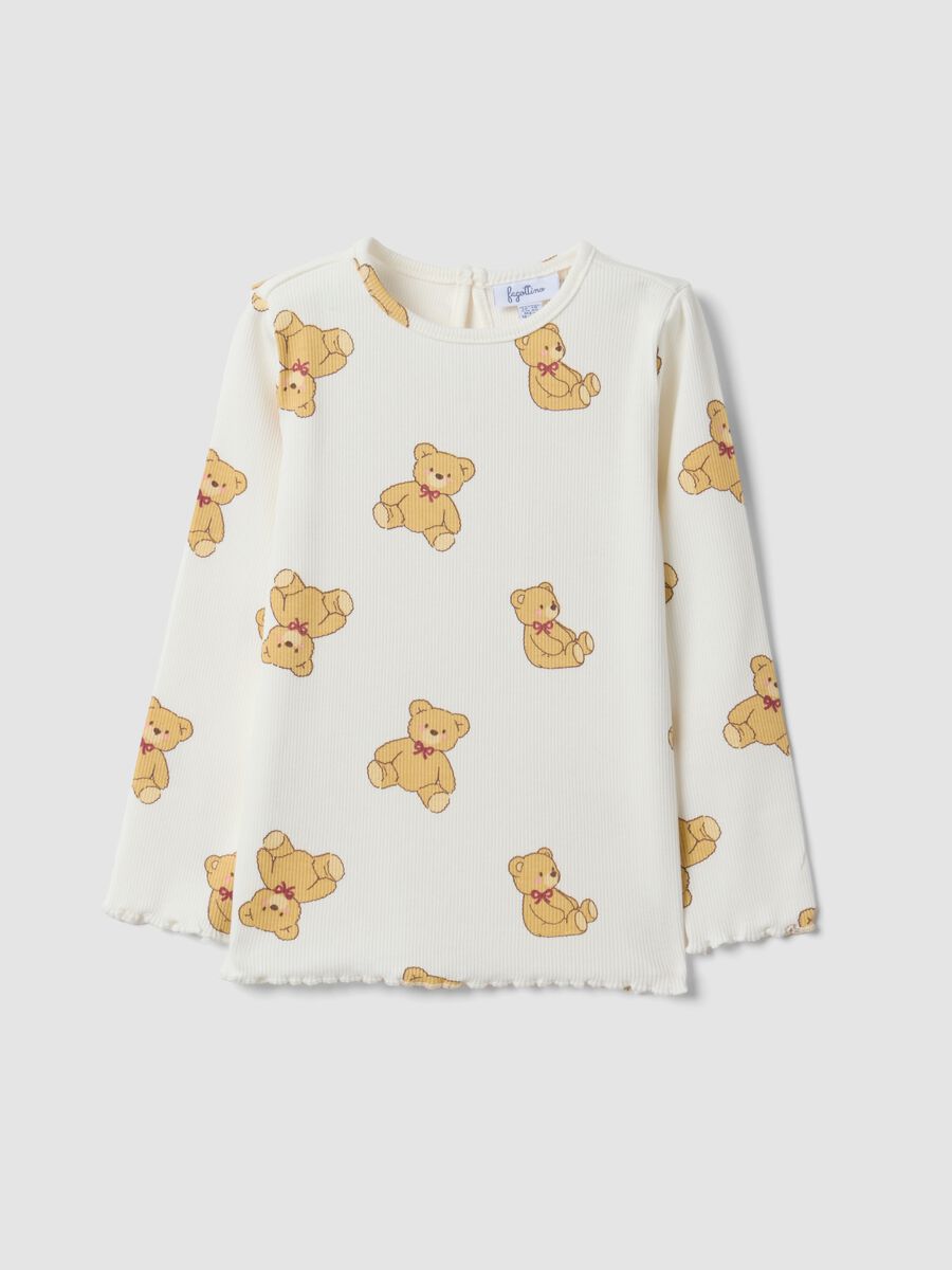 White stretchy organic cotton T-shirt with teddy bear print for baby girl_0