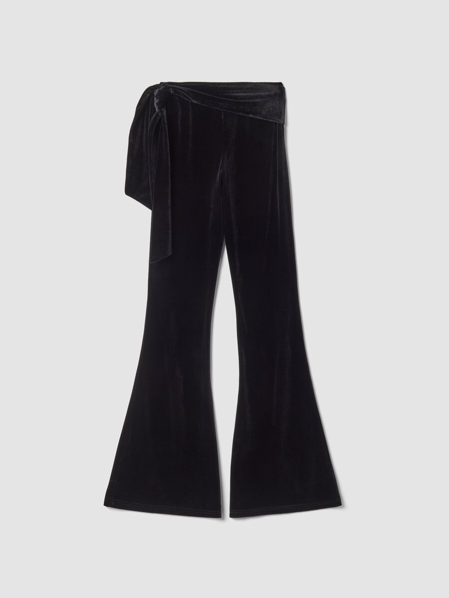 Black velour flare trousers in stretch fabric with side bow detail_1