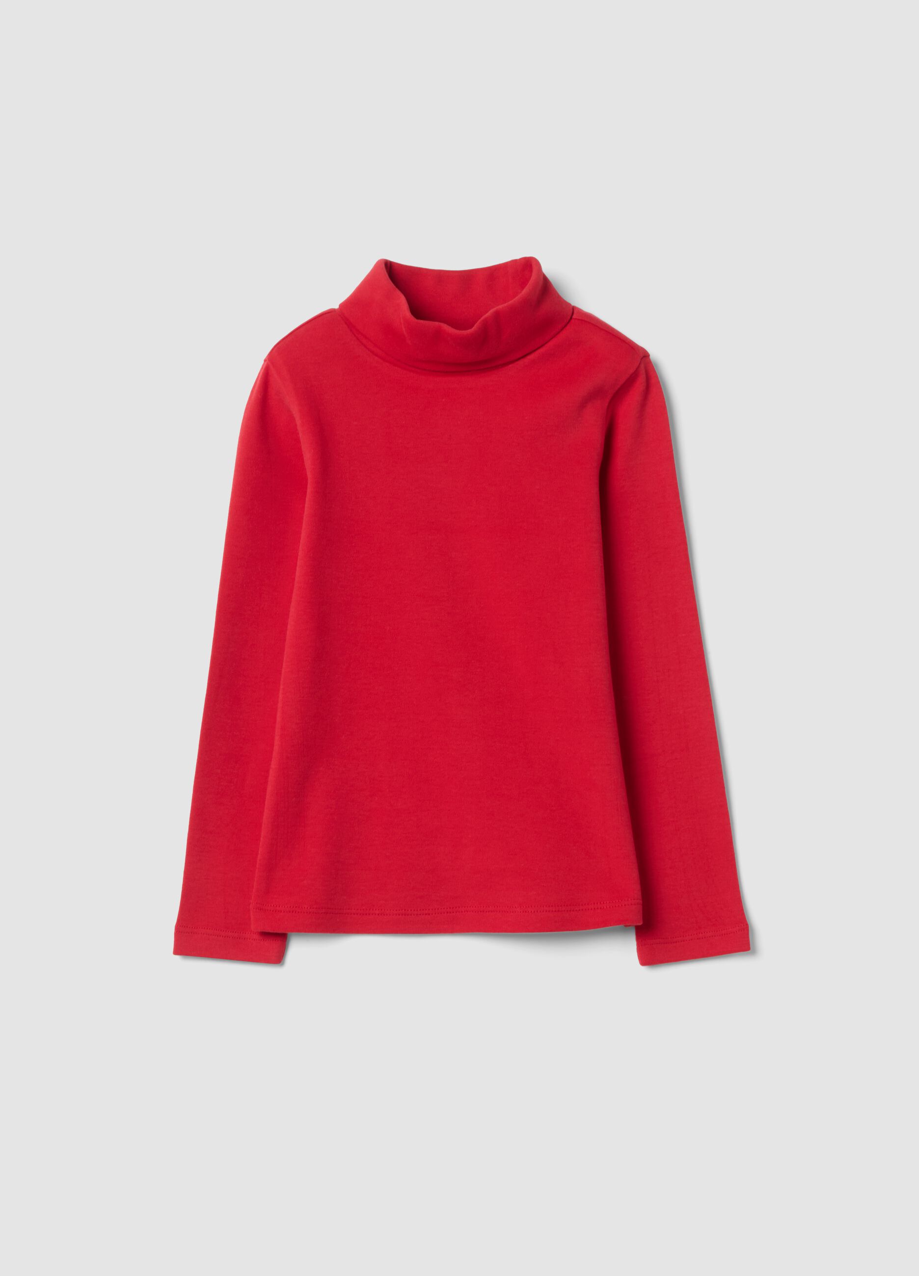 Red cotton roll-neck T-shirt, regular fit
