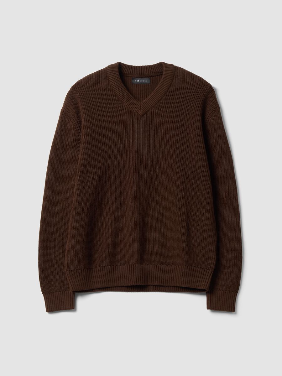 Brown pure cotton jumper with deep V-neck, regular fit_4