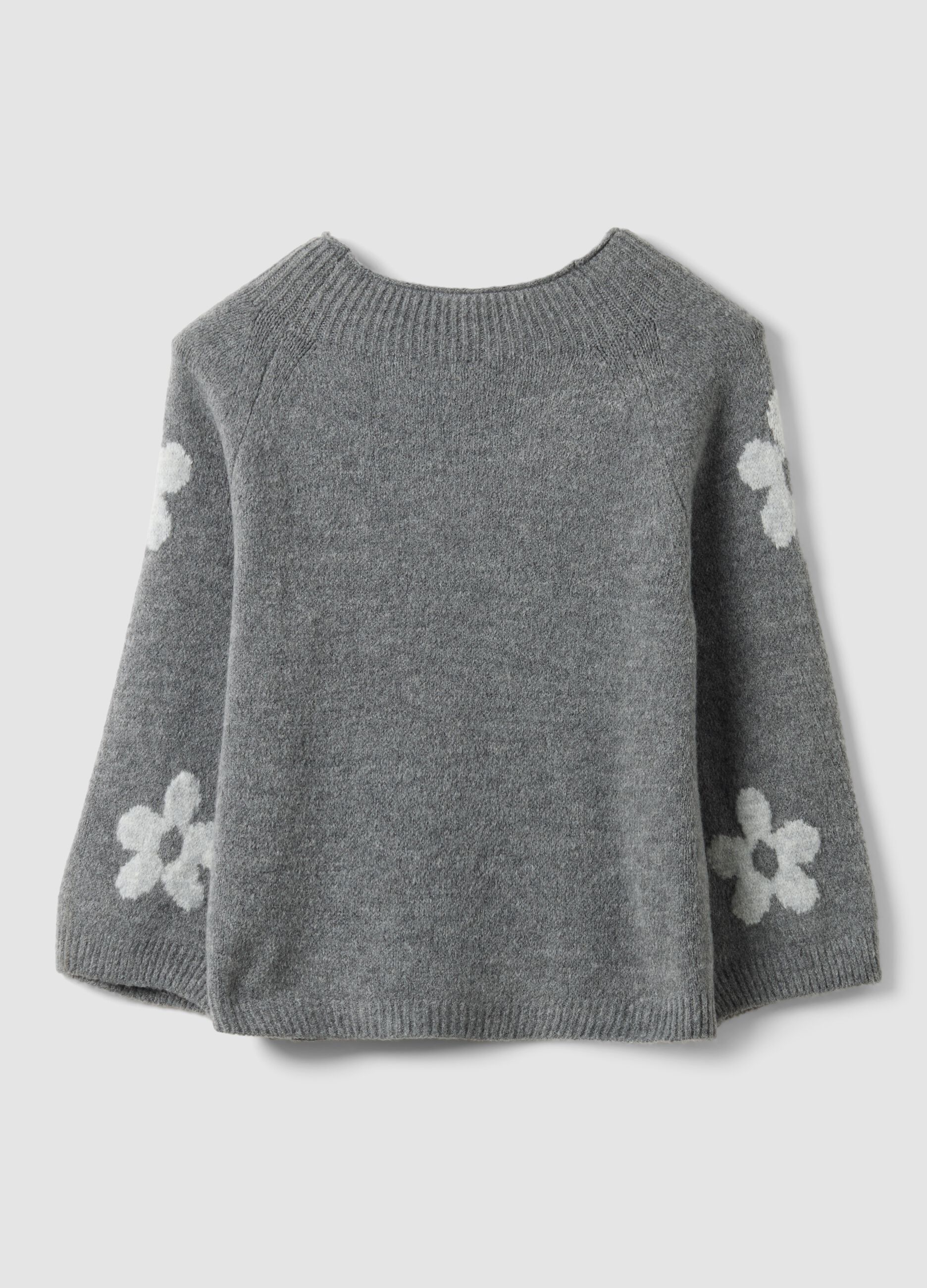 Grey wool-blend jumper with floral pattern, regular fit