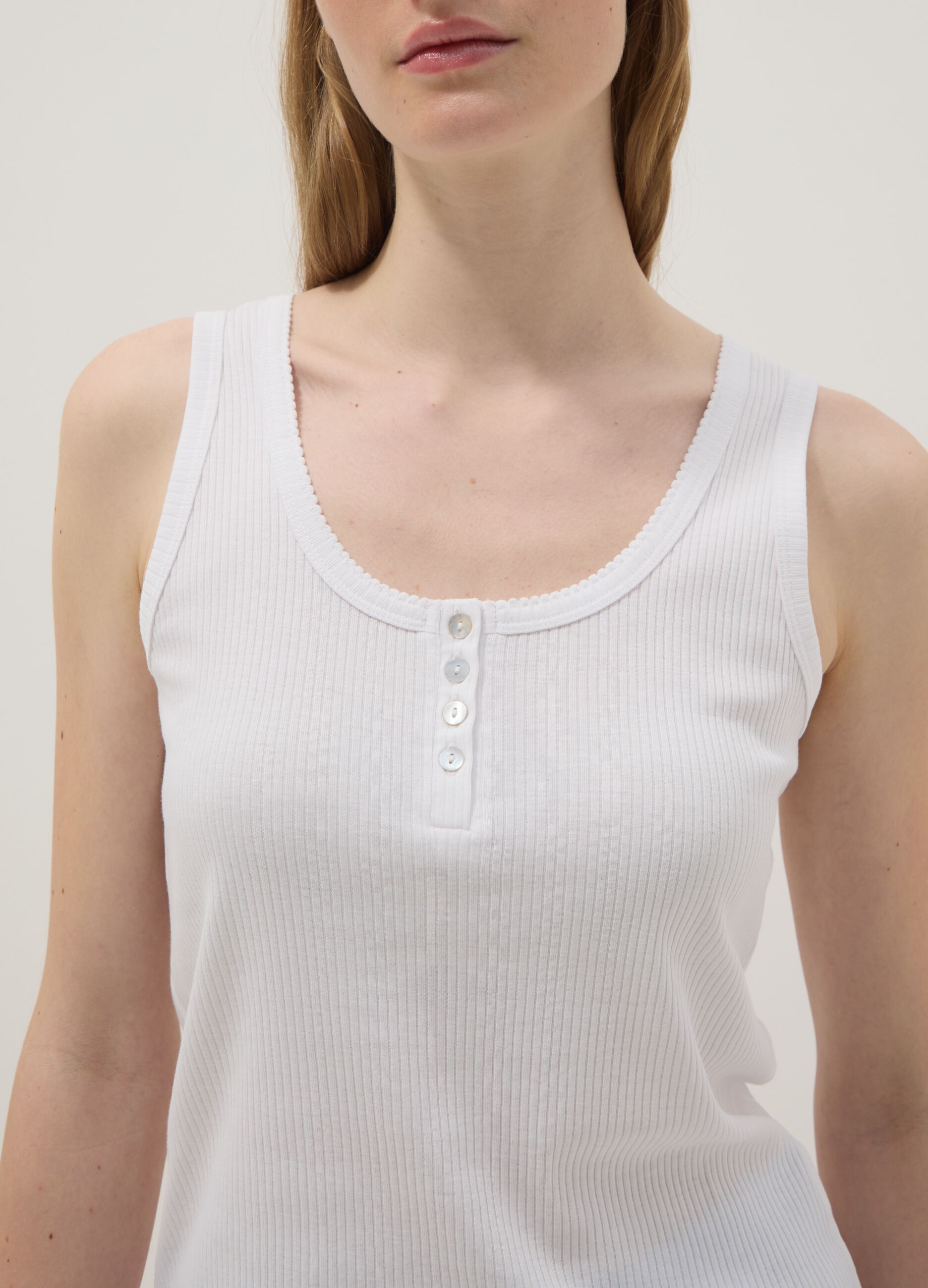White pure cotton regular fit T-shirt with henley neck