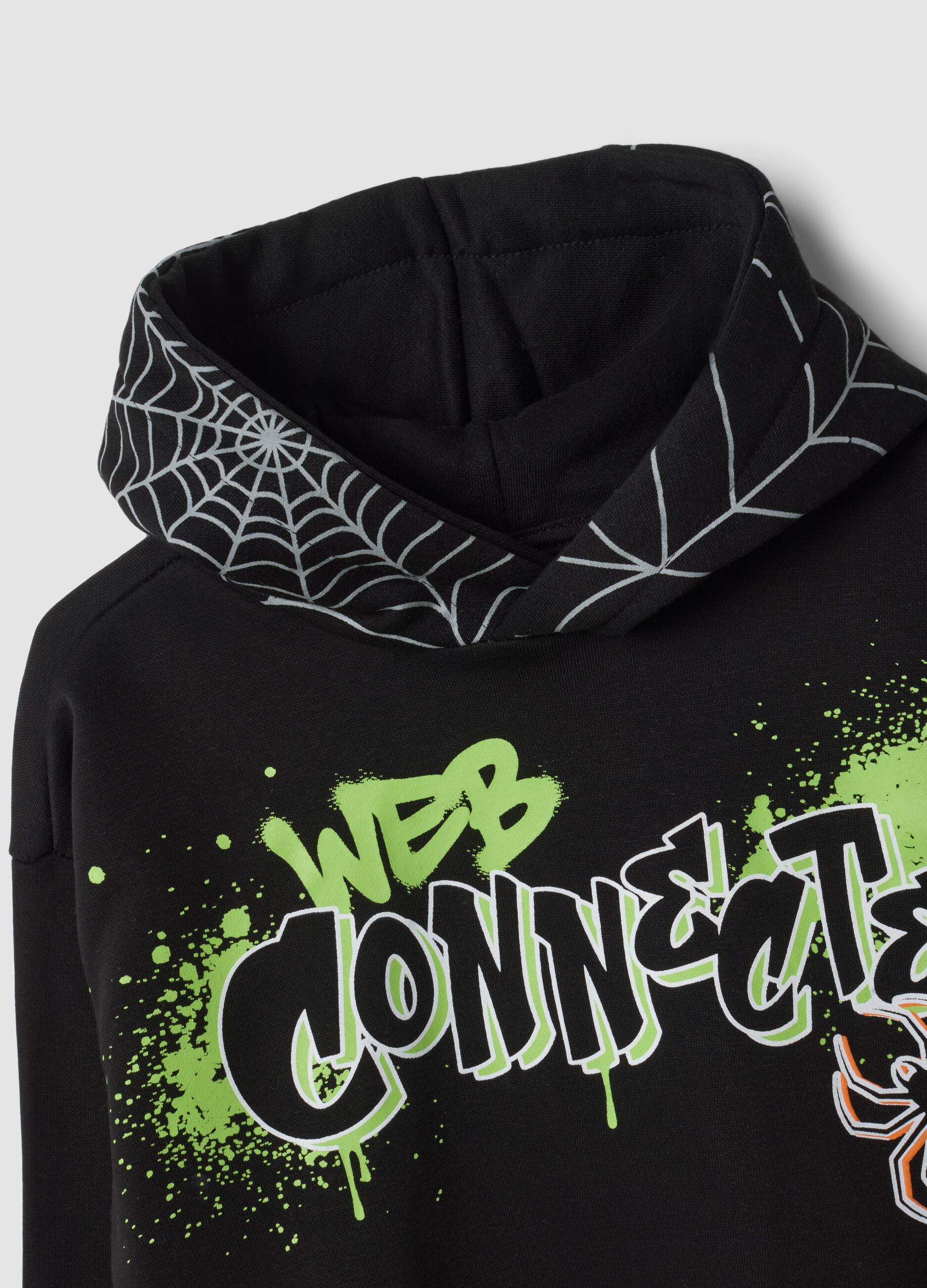 Black cotton-blend hooded sweatshirt with graffiti print, regular fit