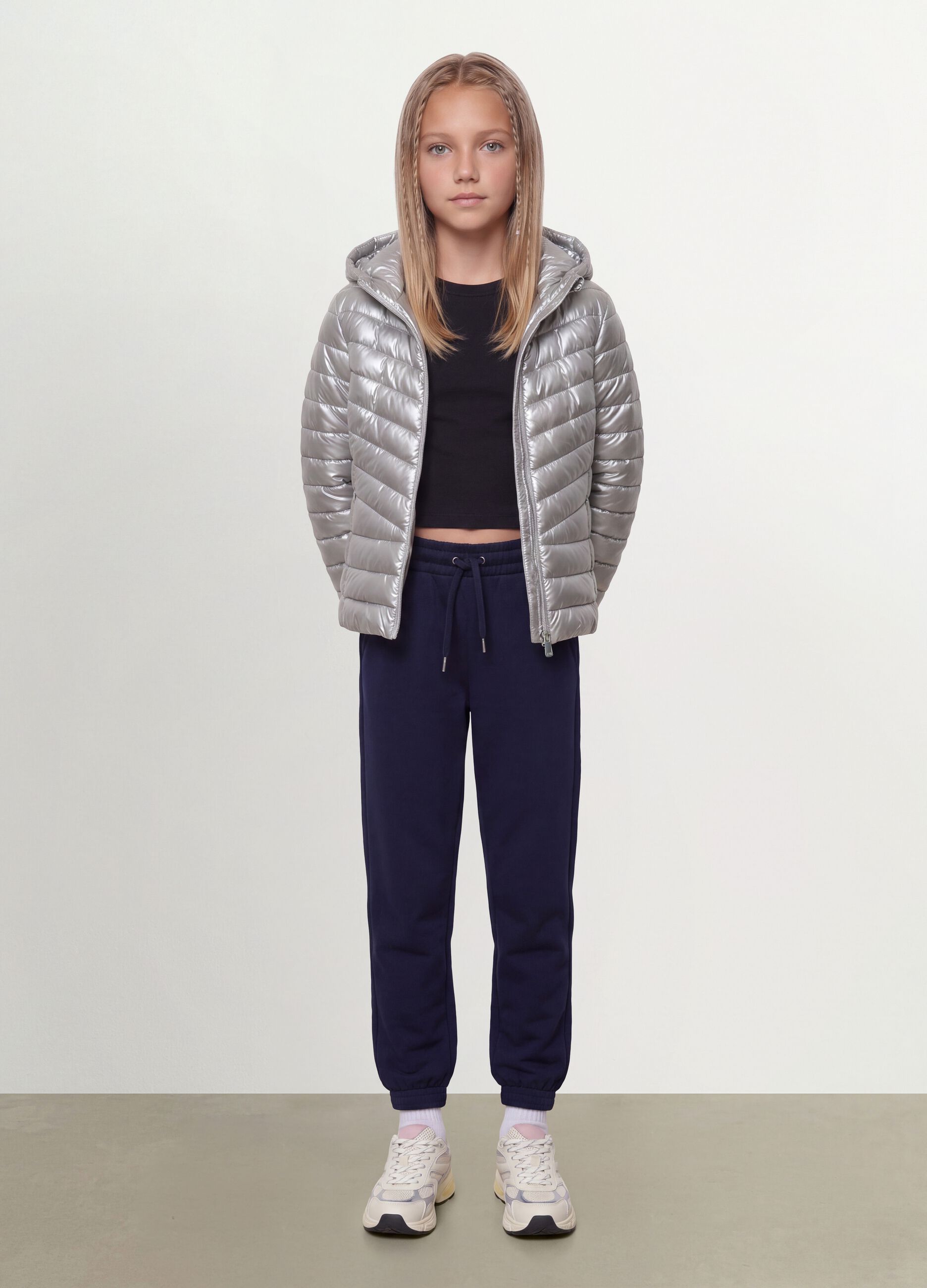 Grey Ultralight Padded Hooded Zip Jacket for Girls