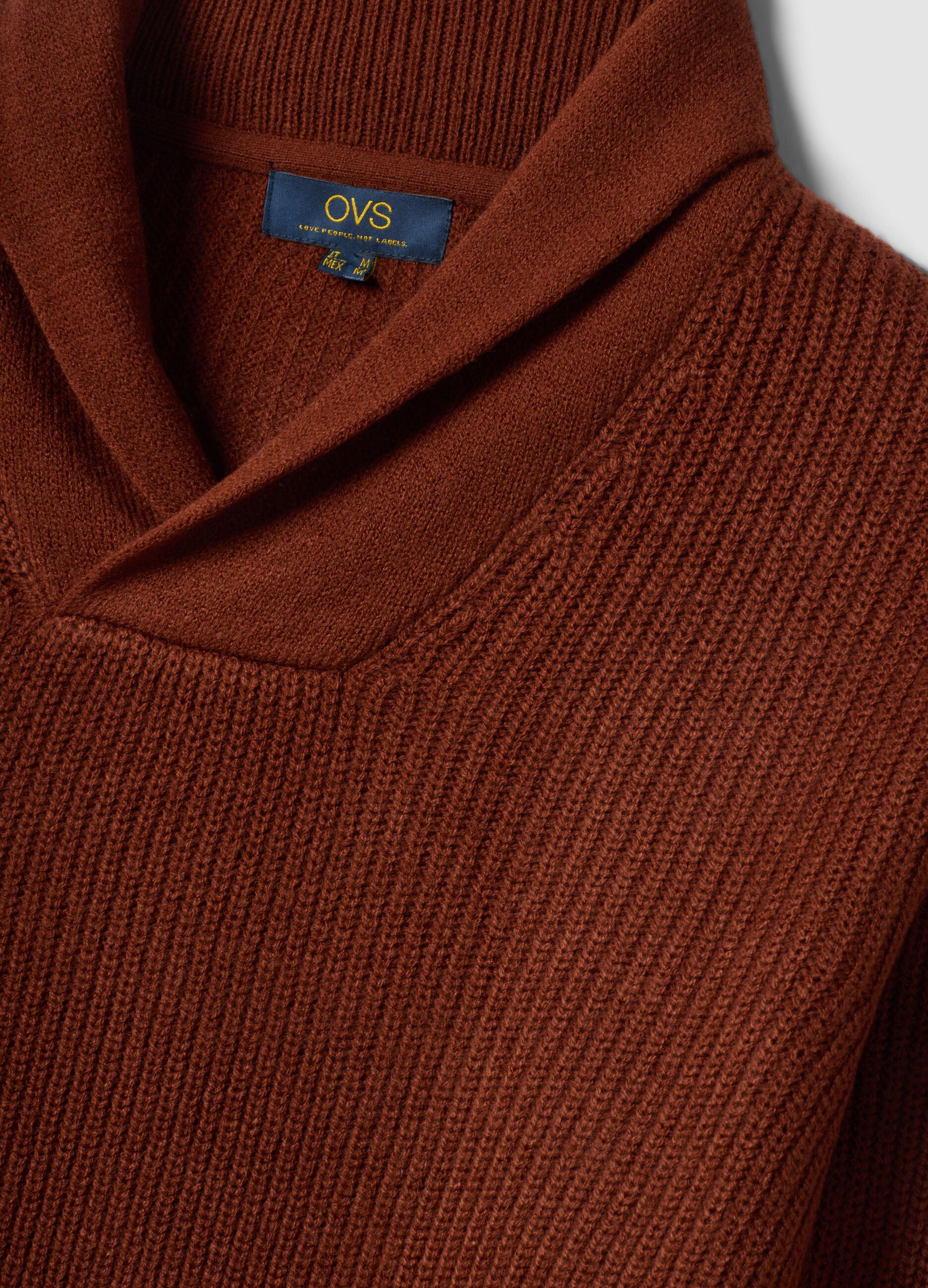 Brown ribbed jumper with shawl collar, regular fit