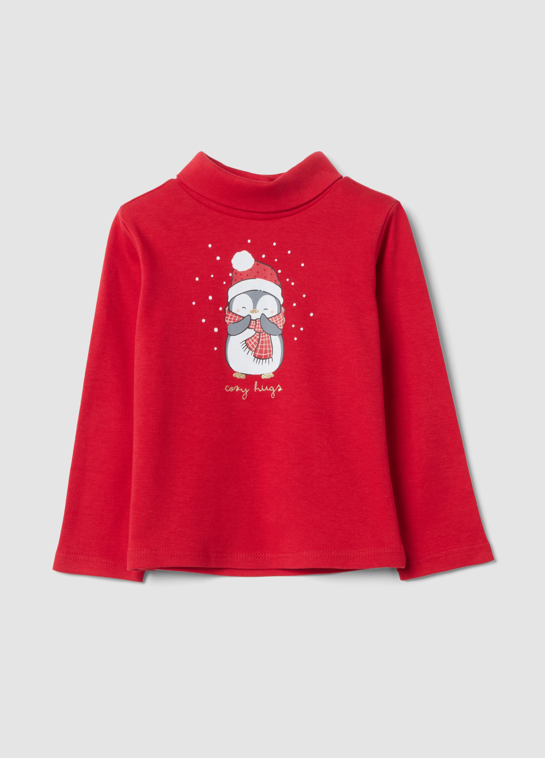Red pure cotton T-shirt with penguin print