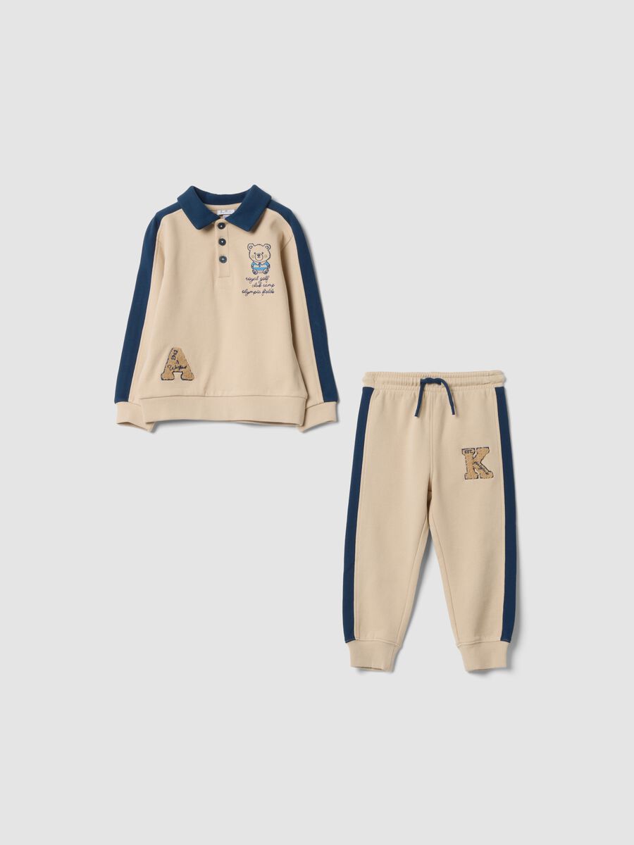 Completo jogging beige in puro cotone organico con stampe in rilievo_0