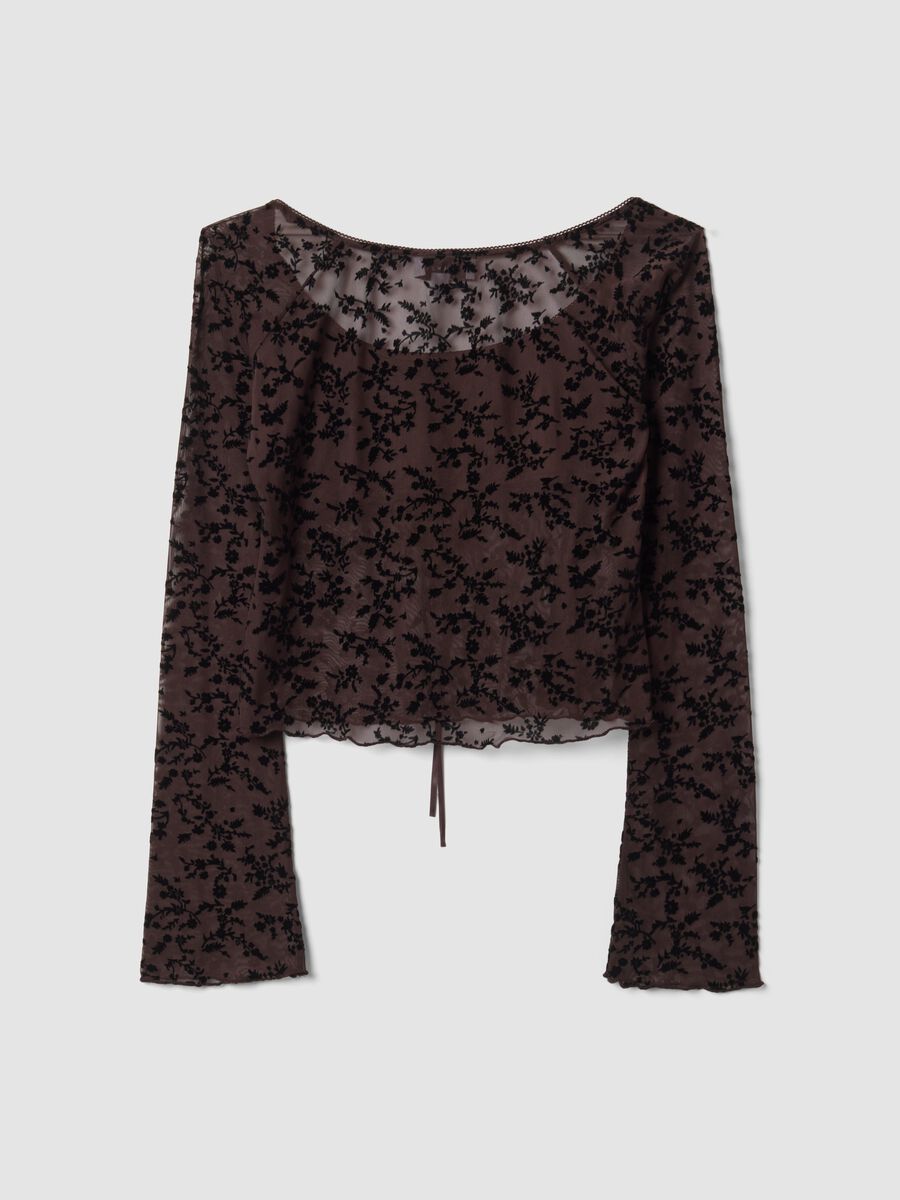 Brown stretch T-shirt with flocked floral pattern_2