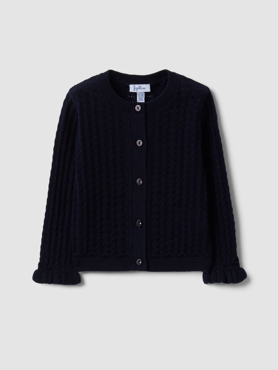 Blue pure cotton openwork knit cardigan for baby girls_0