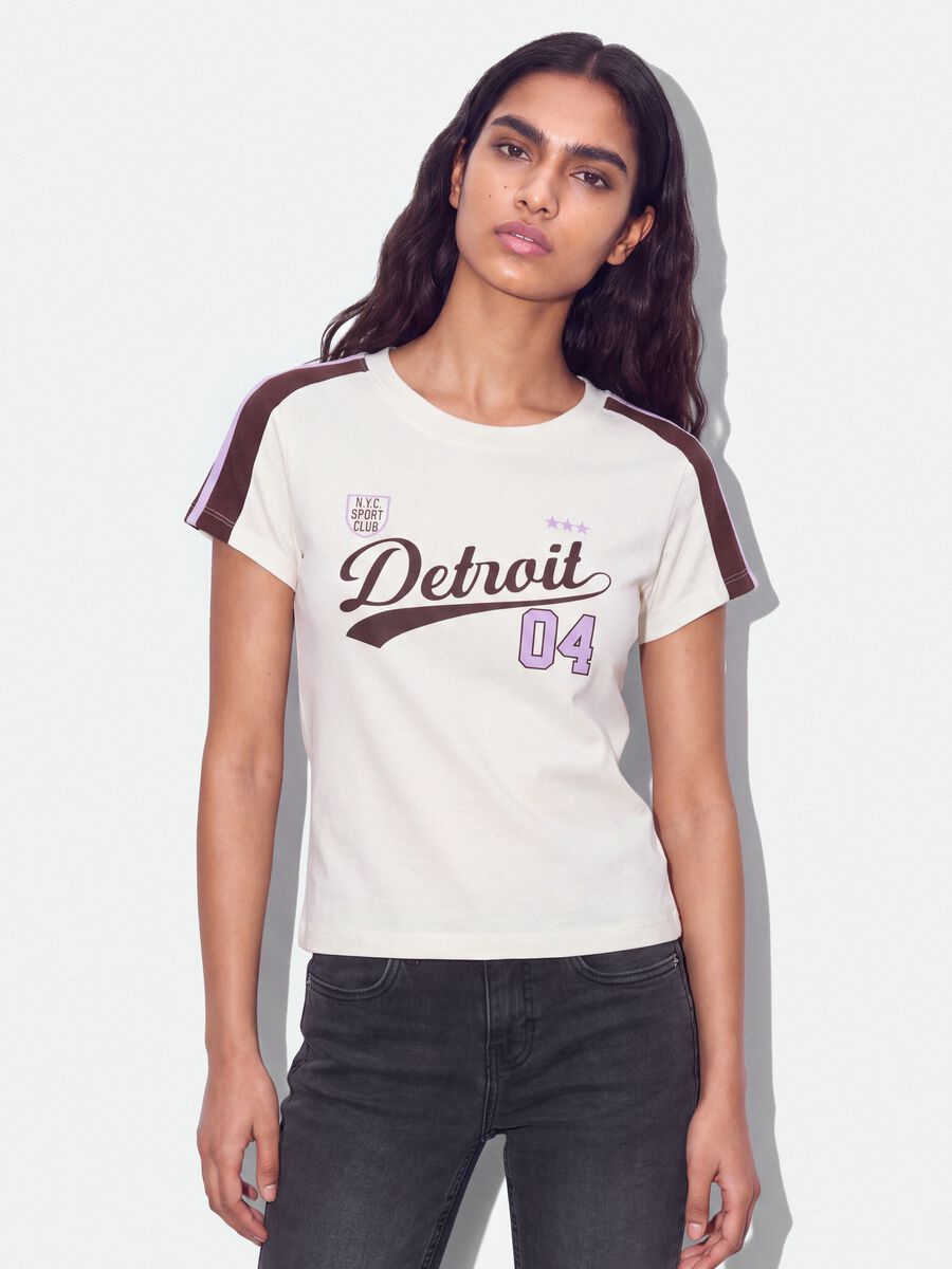 White pure cotton crew-neck T-shirt with Detroit print_0