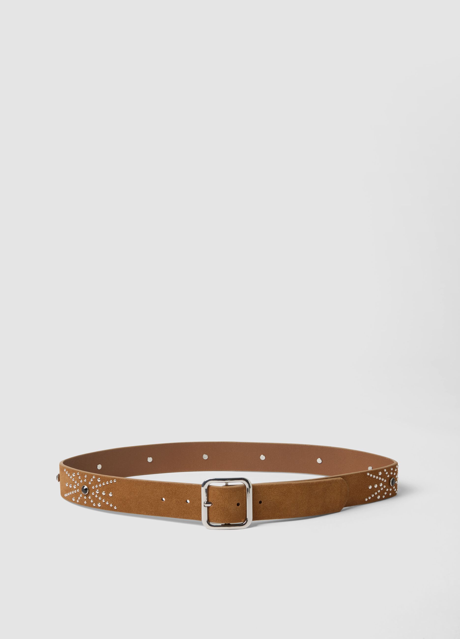 Brown genuine leather belt with studs