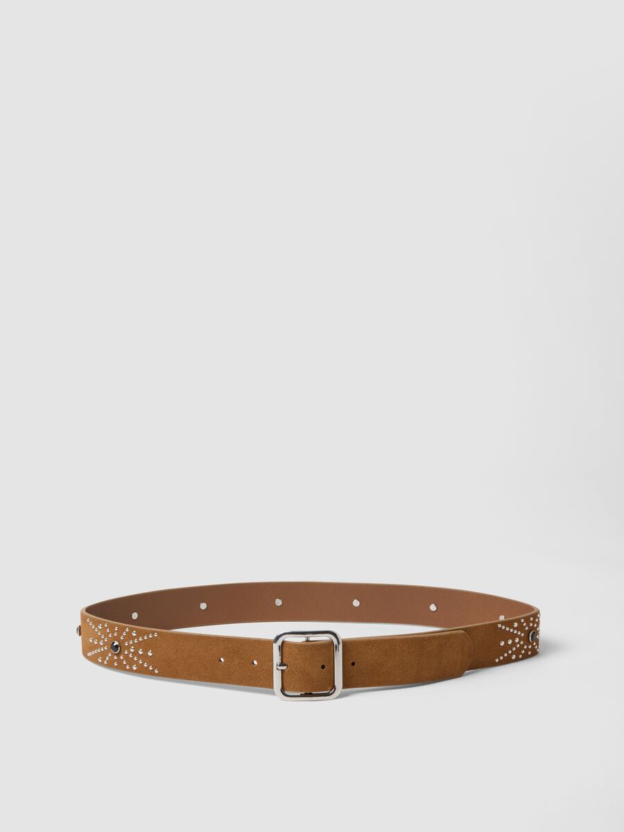 Brown genuine leather belt with studs_0