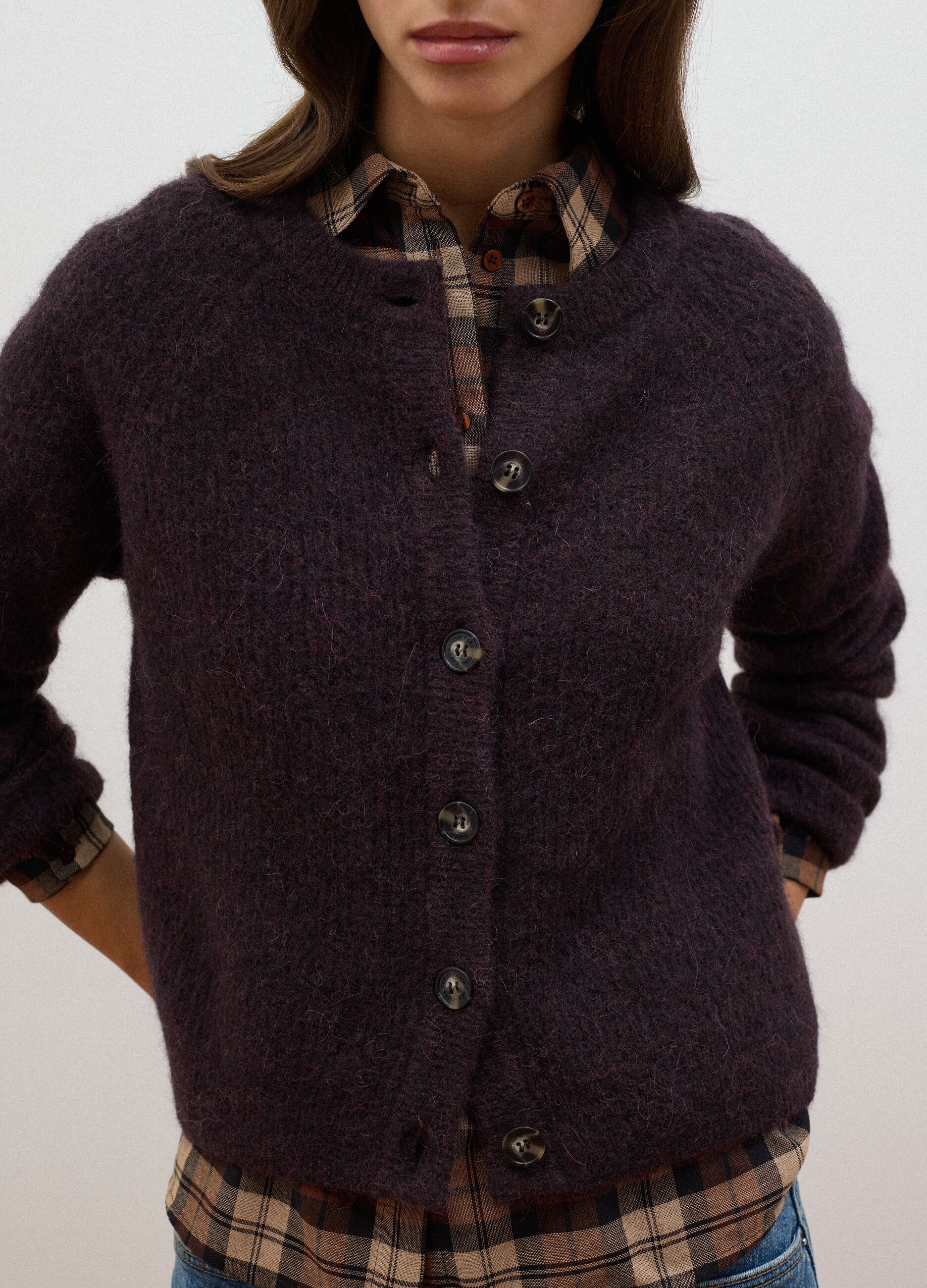 Purple alpaca-blend stretch wool crew-neck cardigan