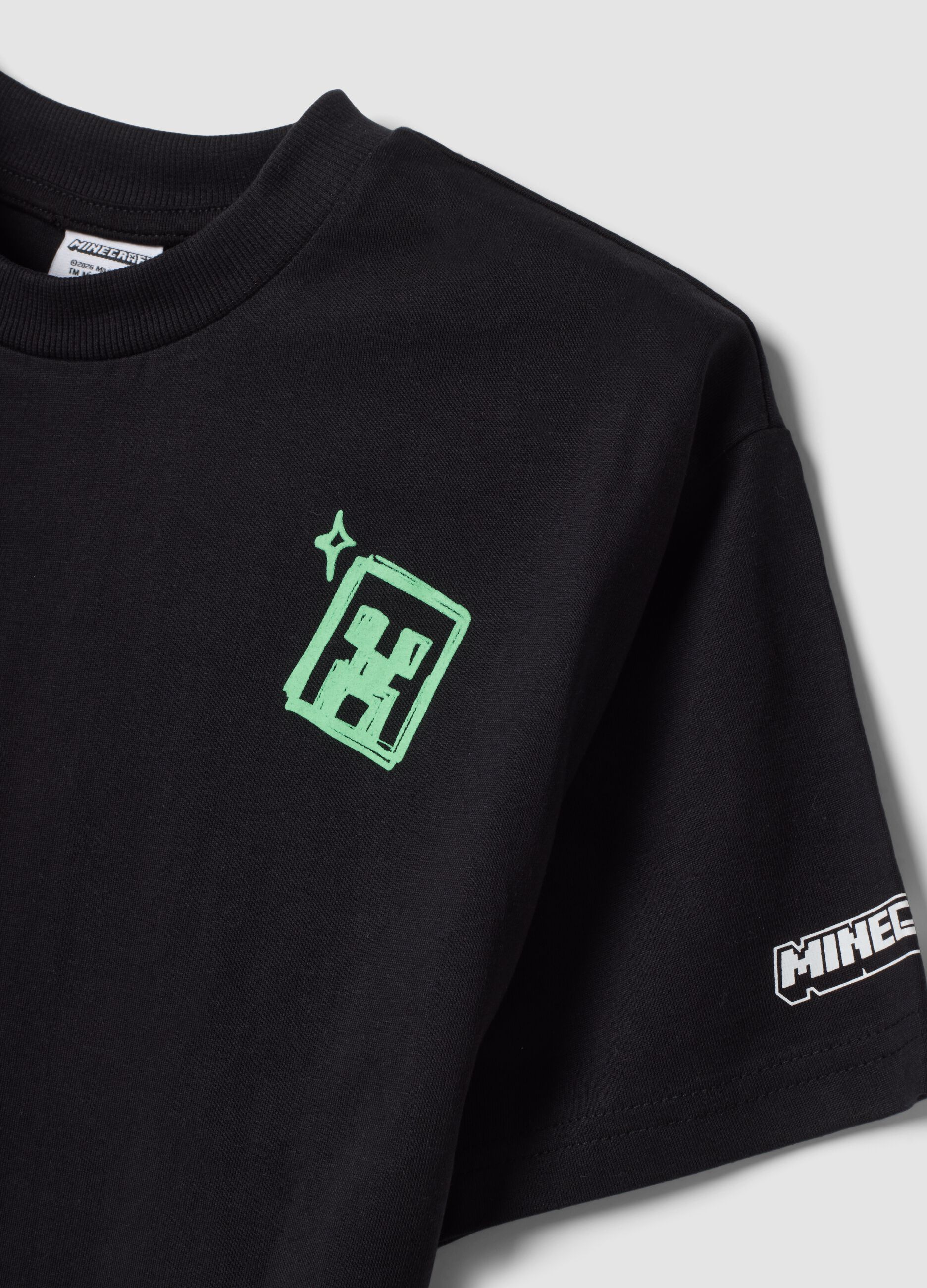 Black pure cotton crew-neck Minecraft print T-shirt