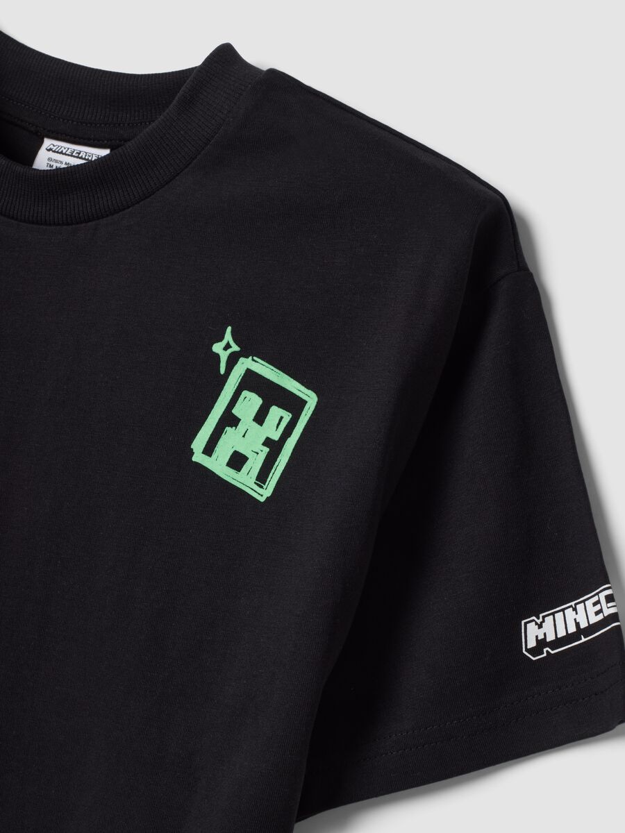 Black pure cotton crew-neck Minecraft print T-shirt_2