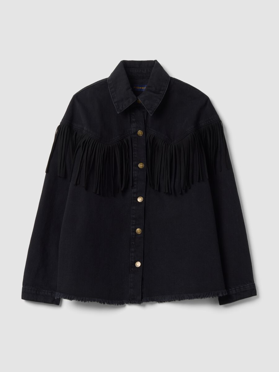 Giacca nera in denim di puro cotone con frange_4