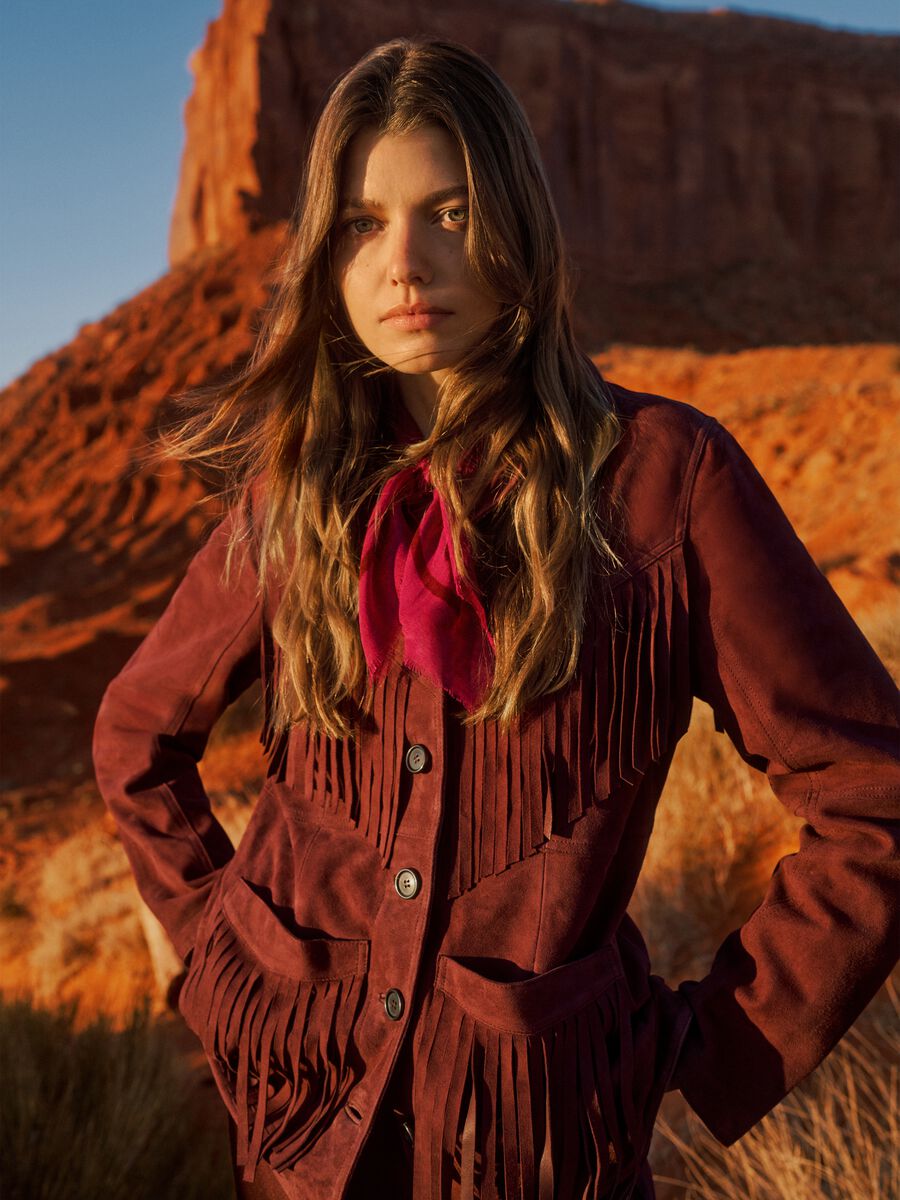 Red genuine leather fringed blazer, regular fit_0