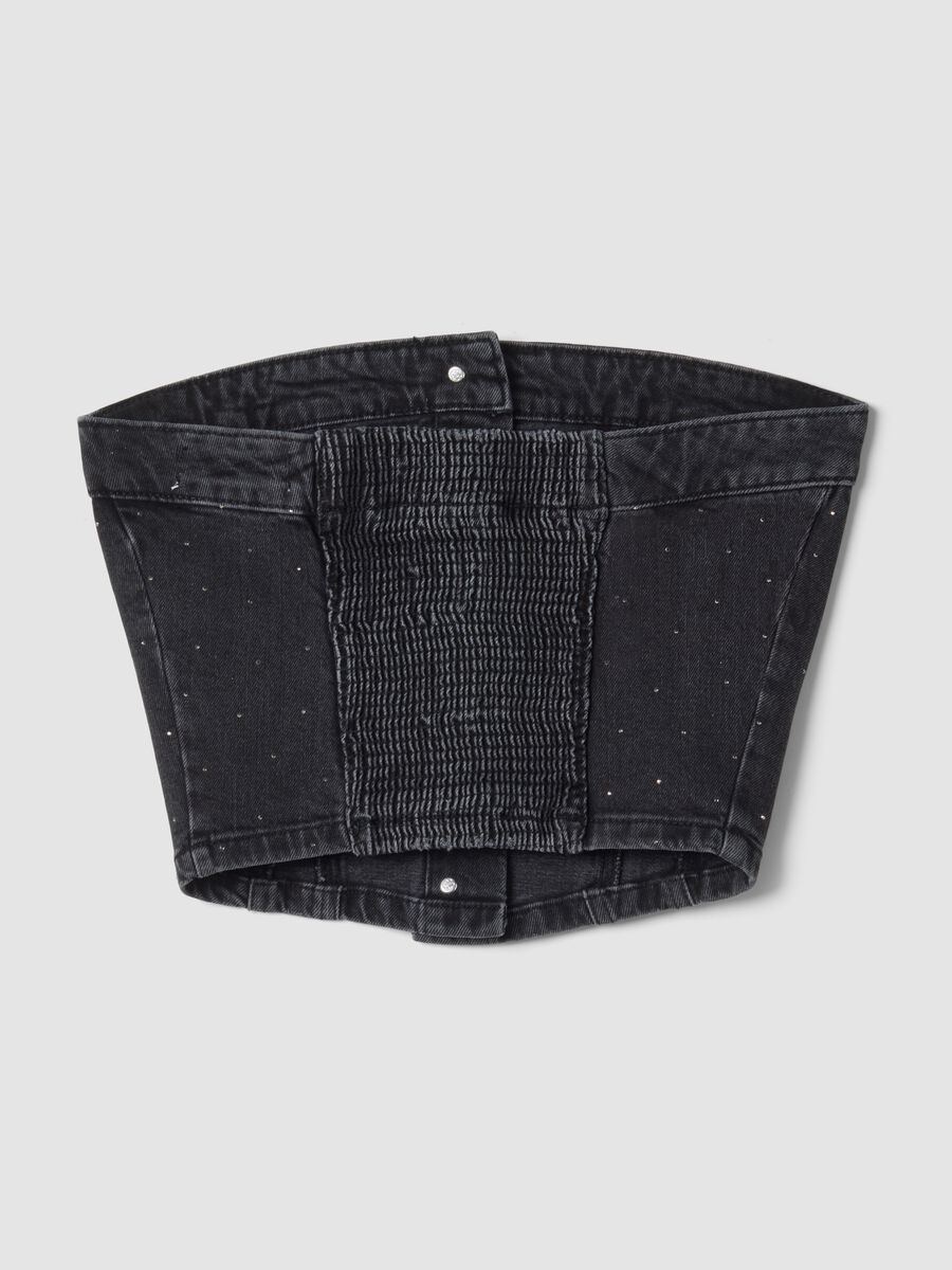 Black bandeau cropped top in stretch denim-effect cotton_2