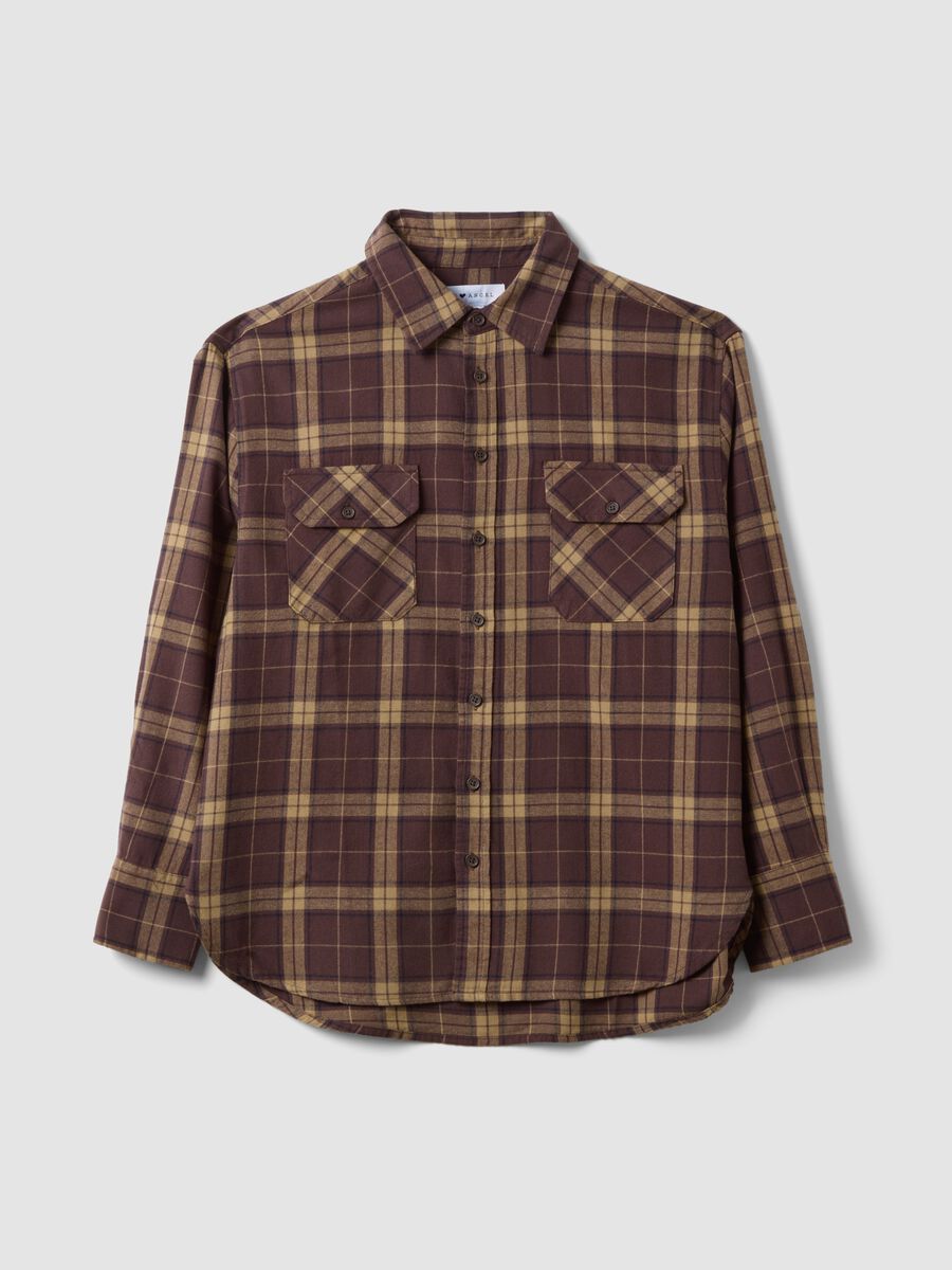 Brown checked pure cotton flannel shirt, regular fit_0