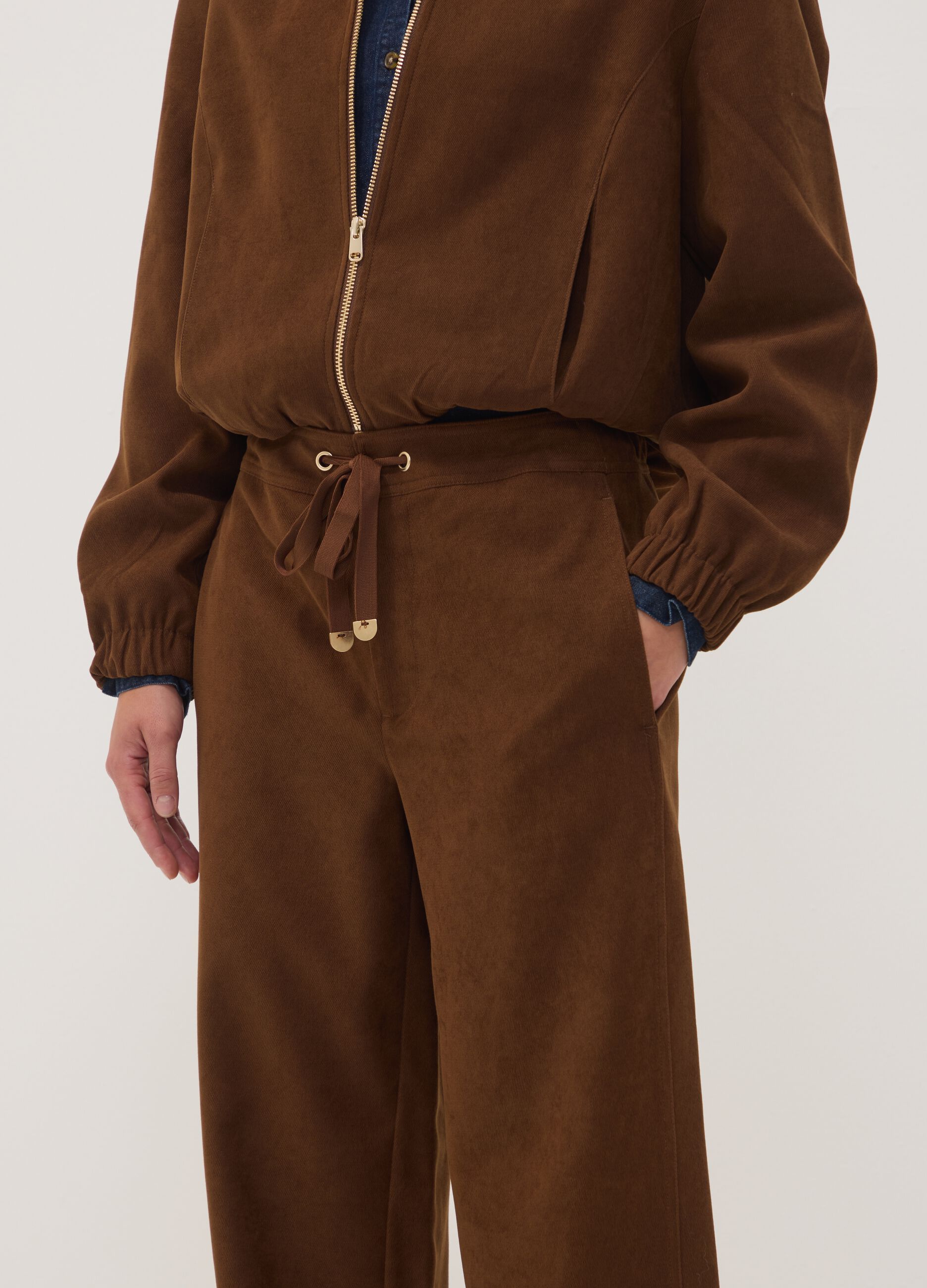 Brown stretch-fabric straight-fit trousers