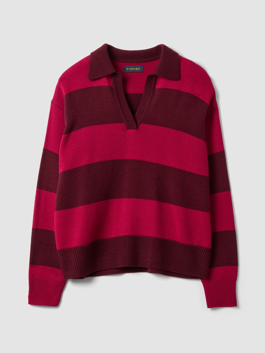 Maglia rossa in misto lana a righe con colletto polo_4