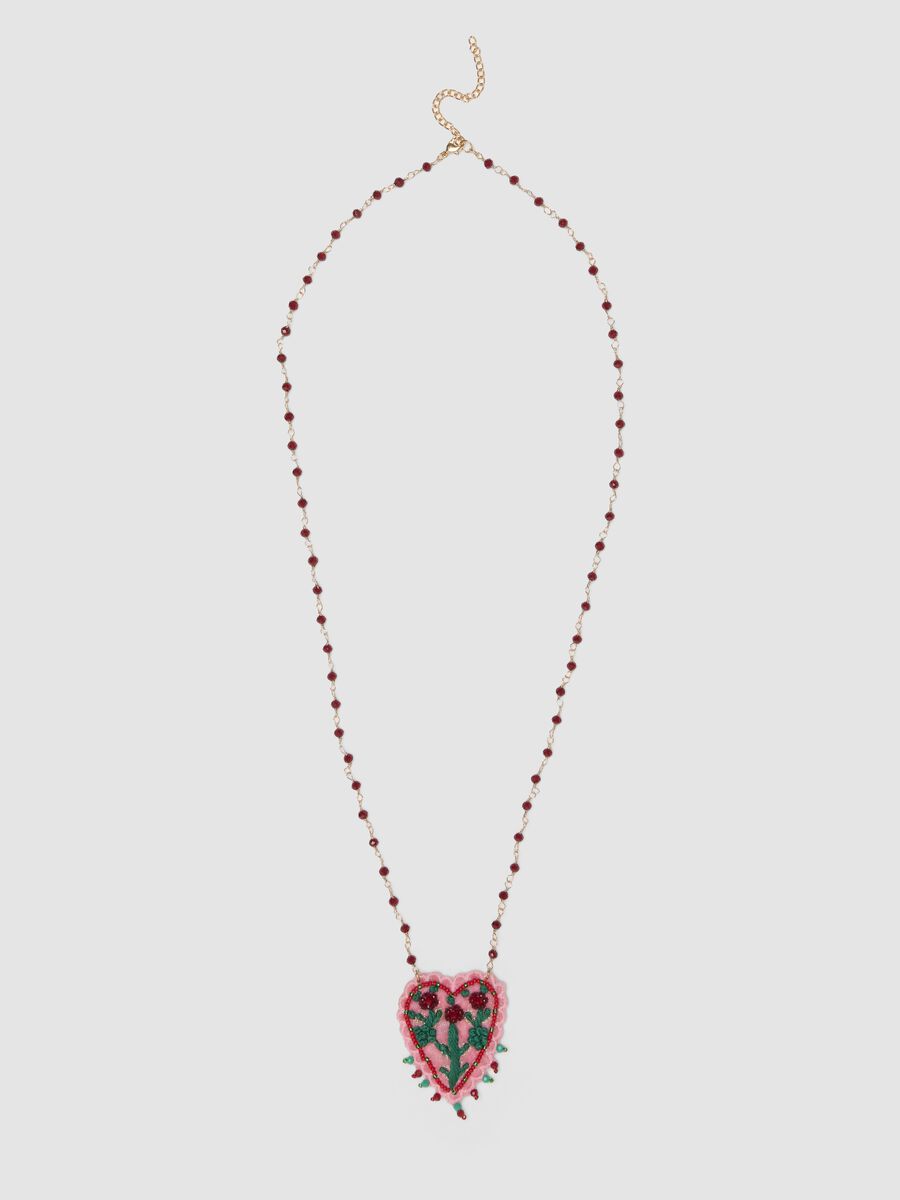 Pink necklace with embroidered heart pendant_0