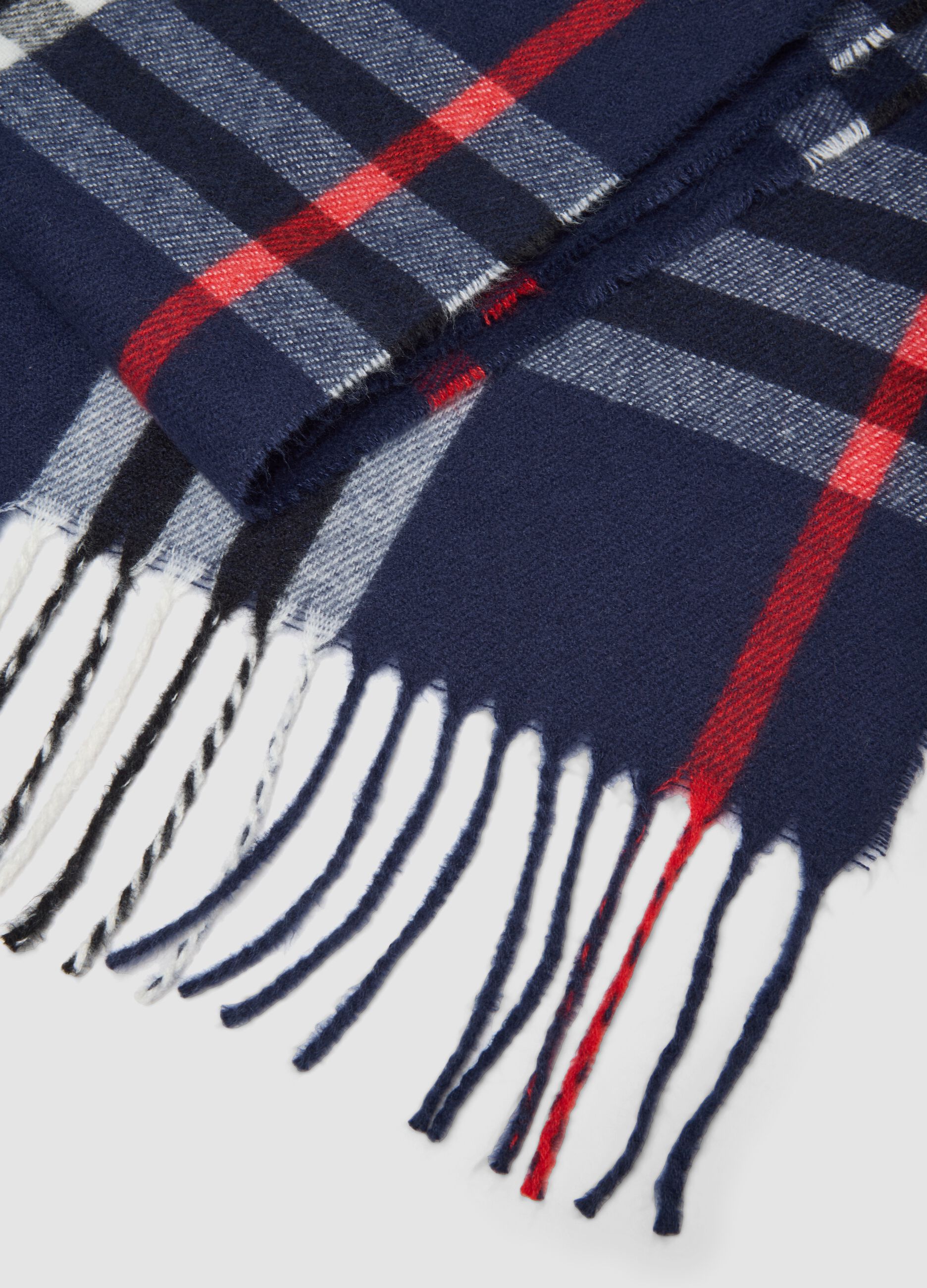 Navy checked scarf with fringes
